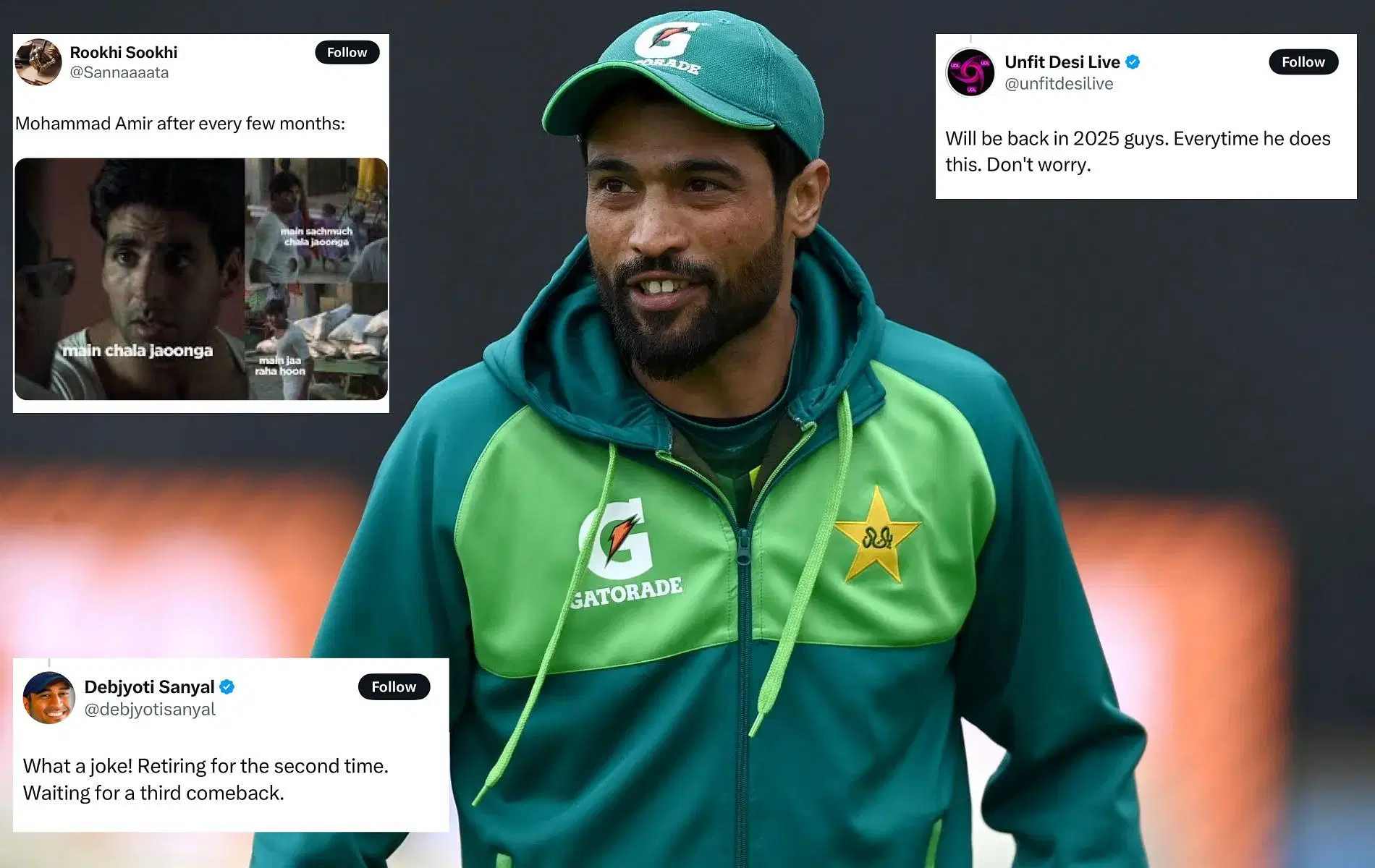 Mohammad Amir last played for Pakistan in the 2024 T20 World Cup. (Pics: Getty Images/X/@unfitdesilive/@Sannaaaata/@debjyotisanyal