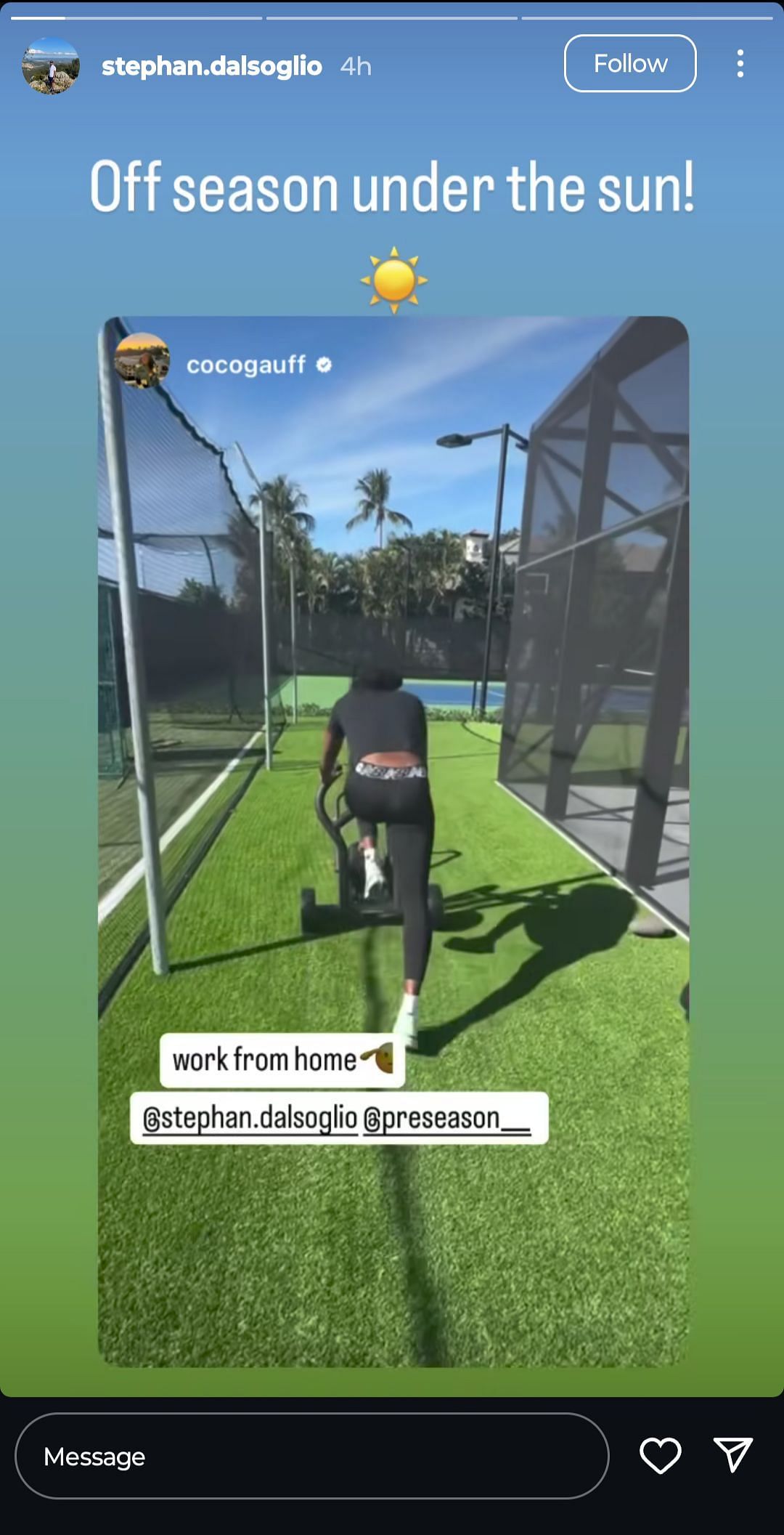 Coco Gauff in her &quot;work from home&quot; training routine in the off-season, (Source: Instagram, https://www.instagram.com/stories/stephan.dalsoglio/3516722708614292150/)