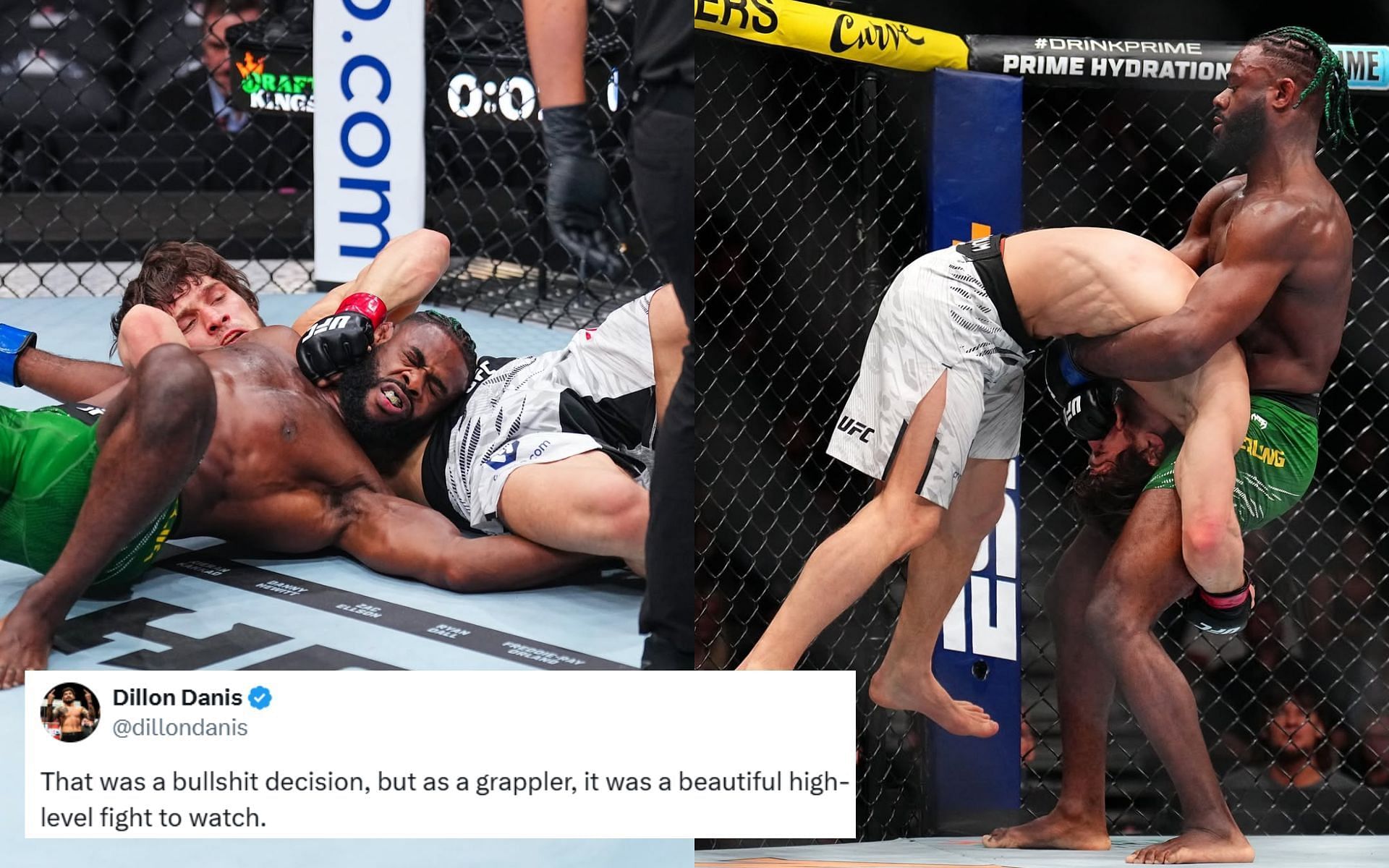 Aljamain Sterling (green trunks) and Movsar Evloev (white trunks) put on a high-level grappling contest at UFC 310. [Images courtesy: @ufc_brasil on Instagram]