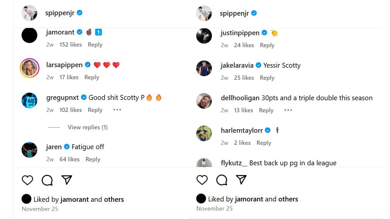 Larsa Pippen and Pippen's Memphis Grizzlies teammates react to his Instagram post. [photo: @spippenjr/IG]