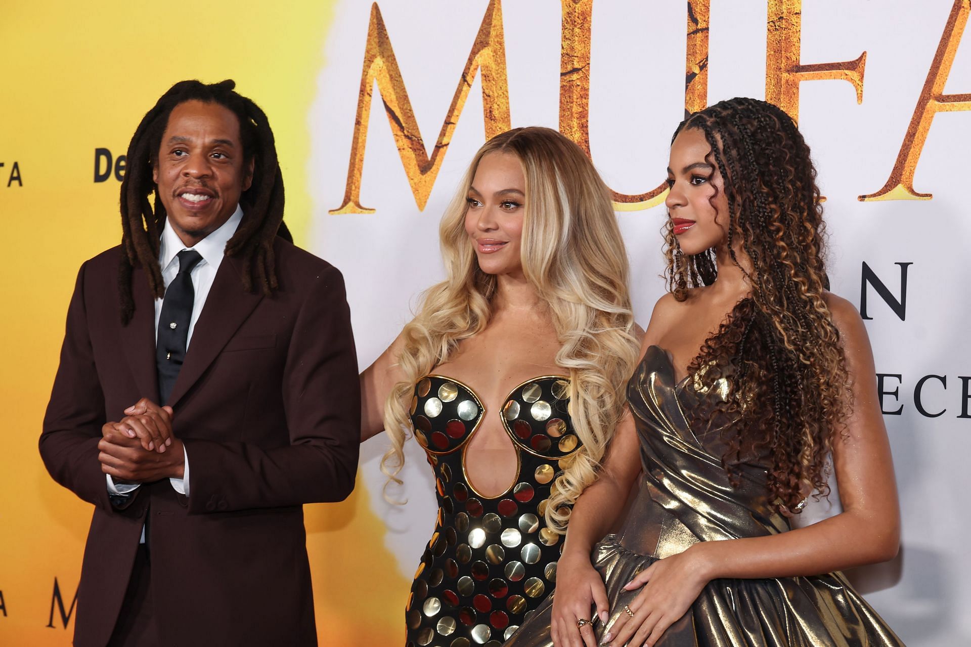 Jay-Z, Beyonc&eacute;, and Blue Ivy Carter attend the Los Angeles premiere of Disney&#039;s &quot;Mufasa: The Lion King&quot; at Dolby Theatre on December 09, 2024, in Hollywood, California. (Photo by Amy Sussman/WireImage)