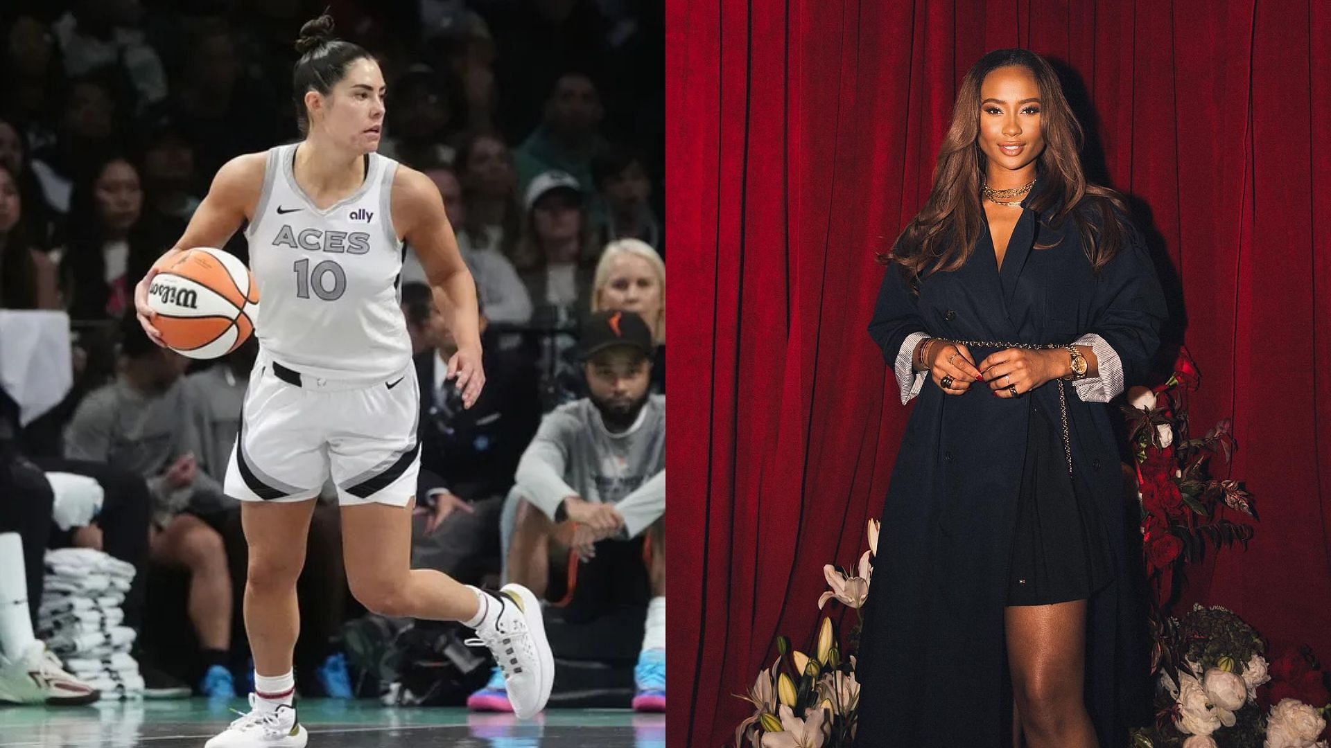 Kelsey Plum of the Las Vegas Aces dribbles down to court., Kayla Nicole poses for a photo. Photo Credits:  Imagn, Kayla Nicole