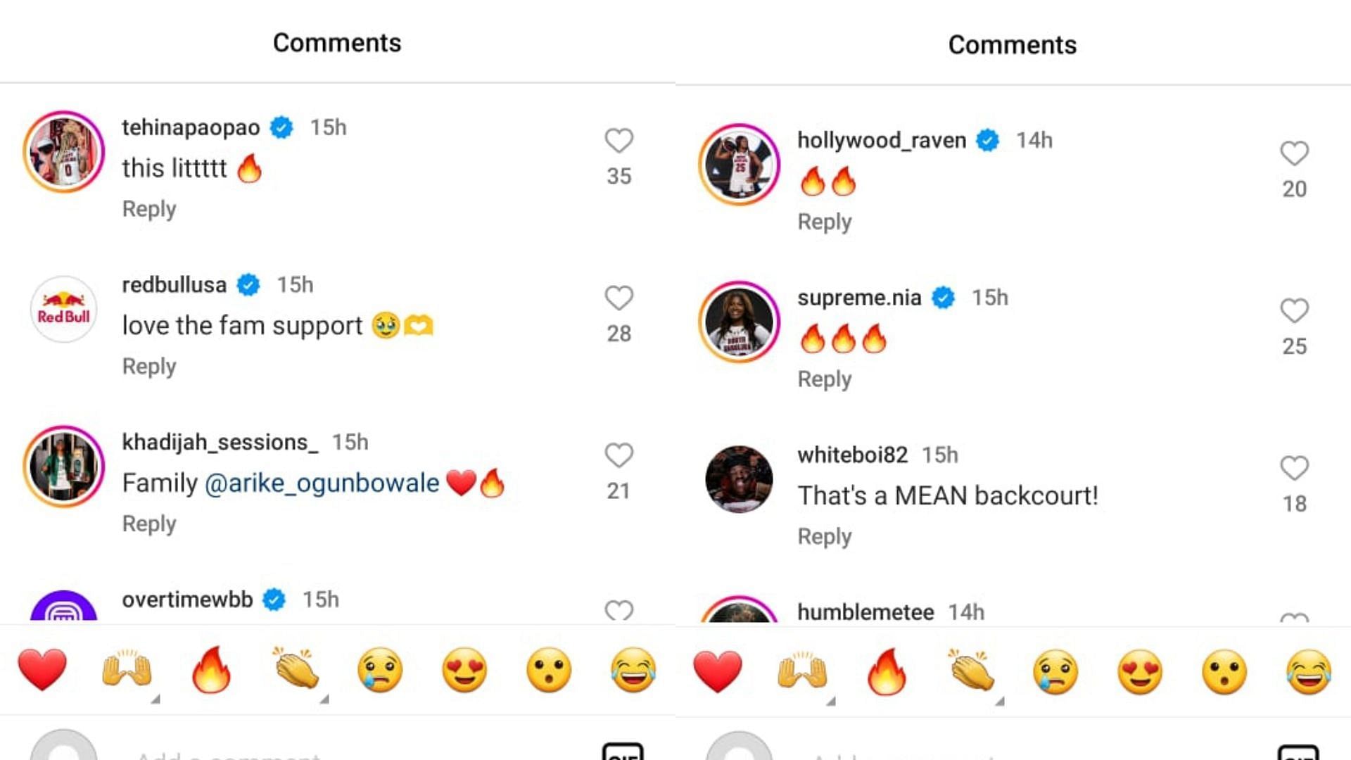 Te-Hina Paopao and Raven Johnson react to MiLaysia Fulwiley posting her photos with Arike Ogunbowale on Instagram. Source: Instagram/@laywitdabutter