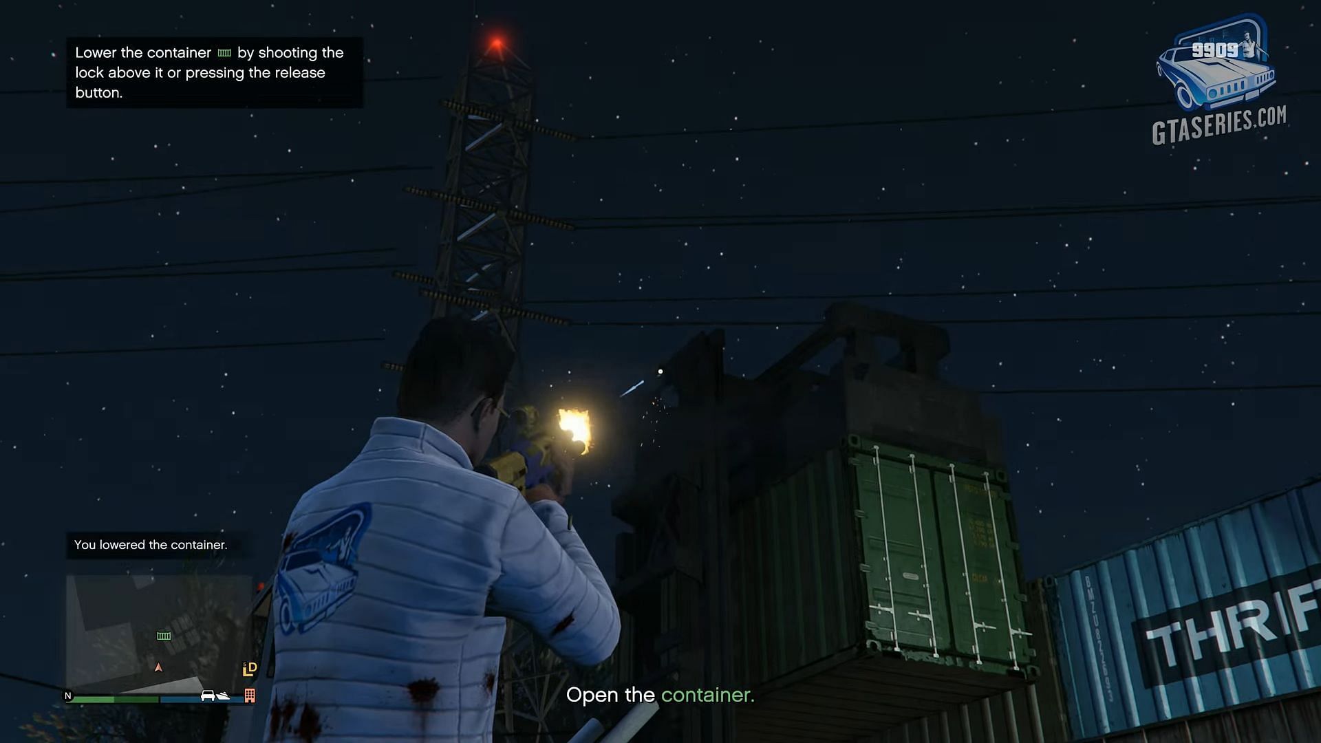 Shoot down the container here (Image via Rockstar Games || YouTube/@GTASeriesVideos)