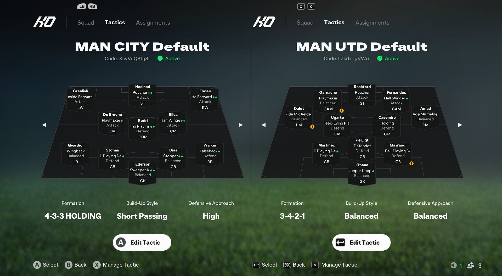 Man City vs Man United: Preset EA FC 25 tactics comparison (Image via EA Sports)