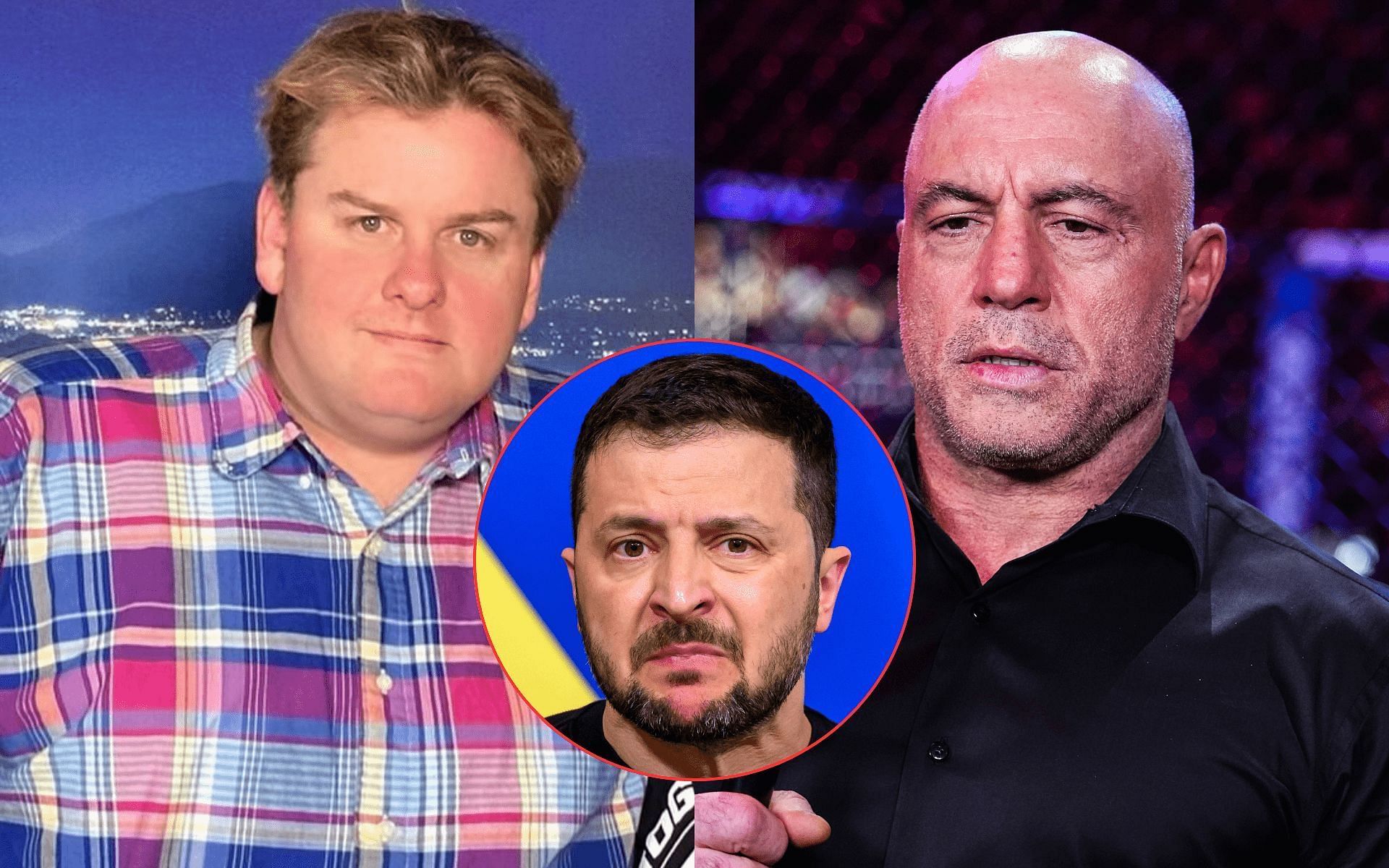 Tim Dillon (left) and Joe Rogan (right) discussed Ukrainian President Volodymyr Zelenskyy (middle), his administration, and other elements of the Russia-Ukraine conflict [Images courtesy: @timjdillon on Instagram and Getty Images]