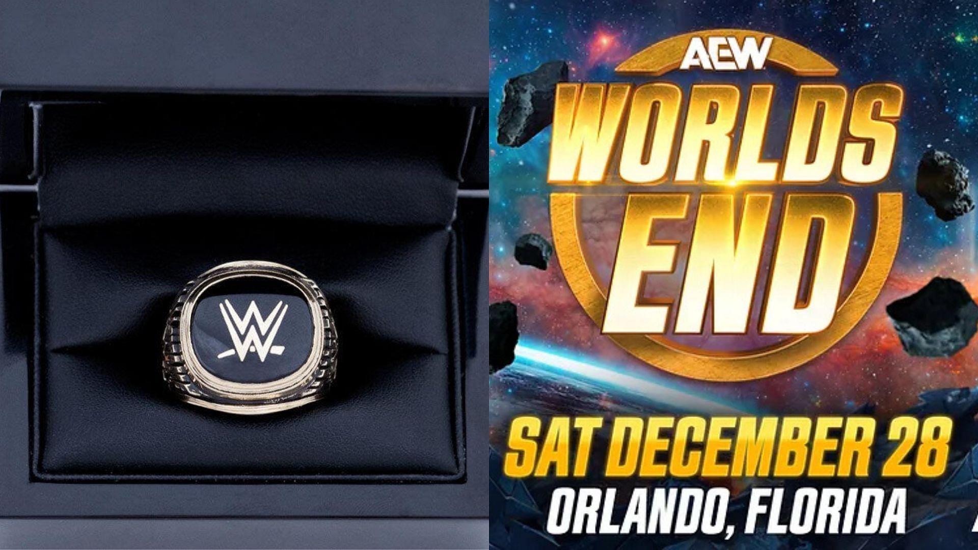 WWE Hall of Fame ring (left) and AEW Worlds End logo (right). (Image credits: aew.com &amp; wwe.com)