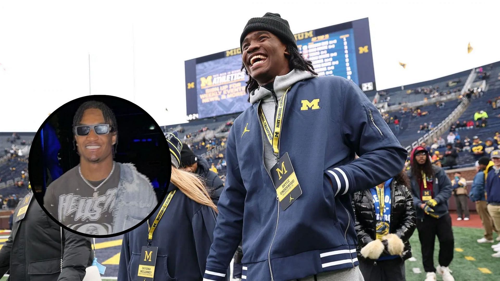 Michigan fans react to QB signee Bryce Underwood at practice with Alex Orji in the background (Photos: Getty and Orji