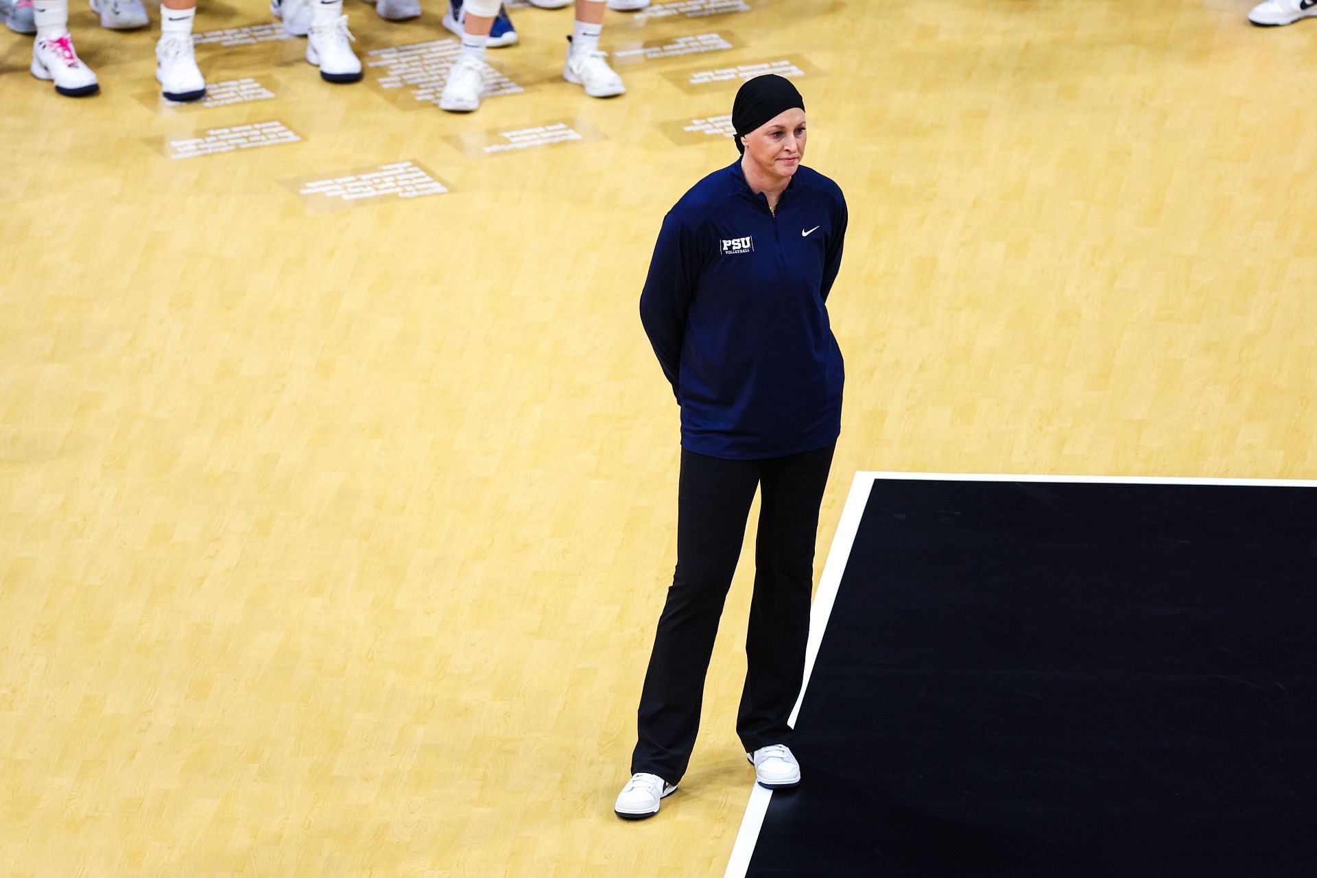 Katie Schumacher-Cawley looks toward her team during the 2024 Division I Women&#039;s Volleyball Semifinals - Source: Getty