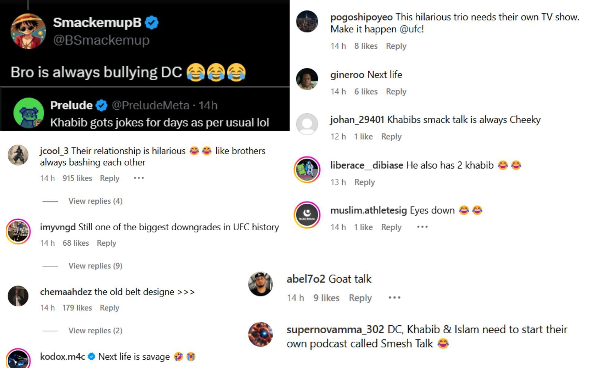 Fans reacts to hilarious interaction between Daniel Cormier and Khabib Nurmagomedov. [Screenshots courtesy: @espnmma on X and Instagram]