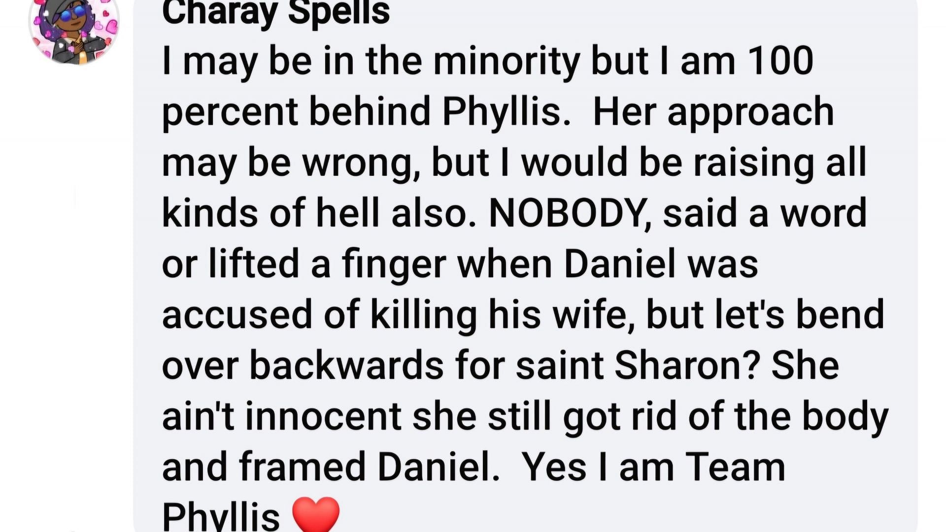 A fan&#039;s reasoning when it comes to Phyllis&#039; response to the case (Image via Kathleen Niami Vettori/ Facebook)