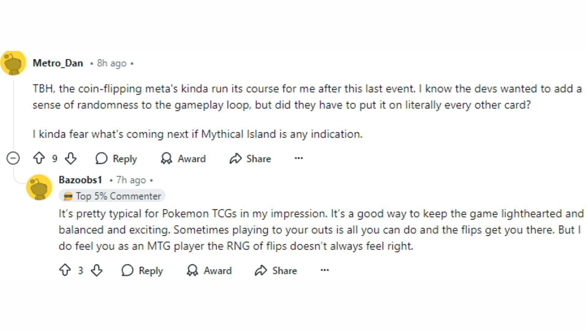 Players bring up interesting perspectives towards coin flips in Pokemon TCG Pocket (Image via Reddit)