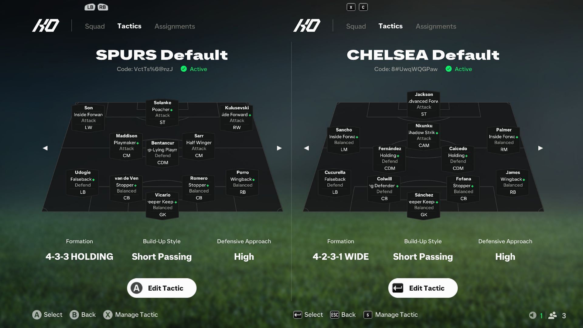 Spurs vs Chelsea in EA FC 25: Default tactics and roles comparison (Image via EA Sports)