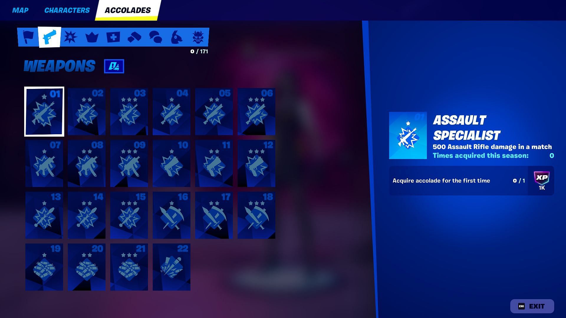 List of all Weapons Accolades in Fortnite Chapter 6 Season 1 (Image via Epic Games)