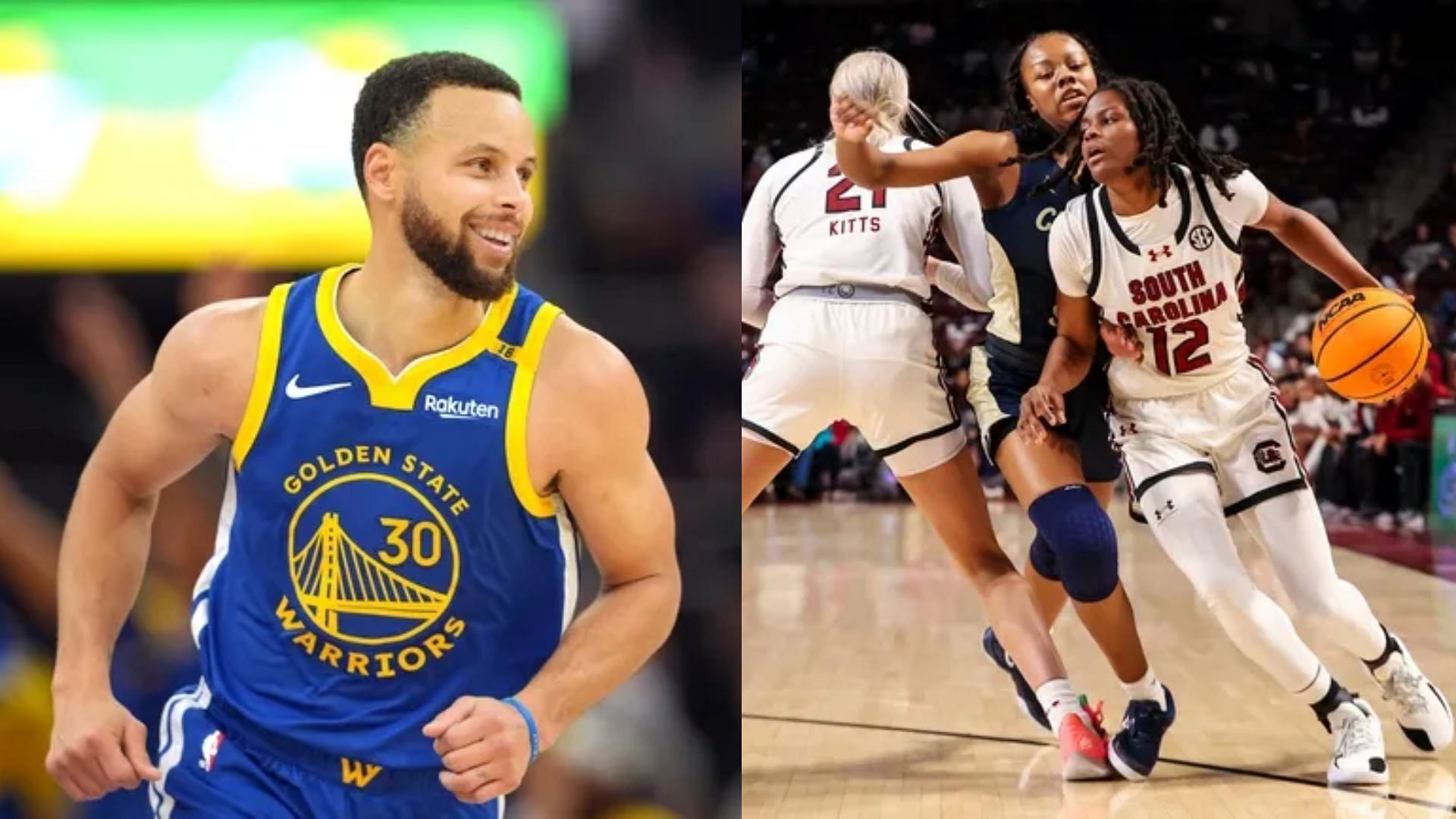 Golden State Warriors guard Stephen Curry (left) and South Carolina Gamecocks guard MiLaysia Fulwiley (right) (Image Source: IMAGN)