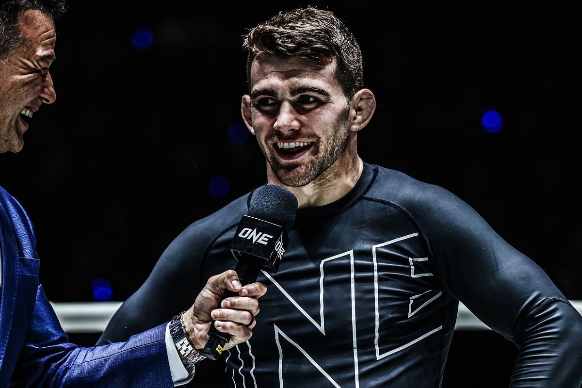 Dante Leon speaking with Mitch Chilson following his ONE Fight Night 26 win. [Photo via: ONE Championship]