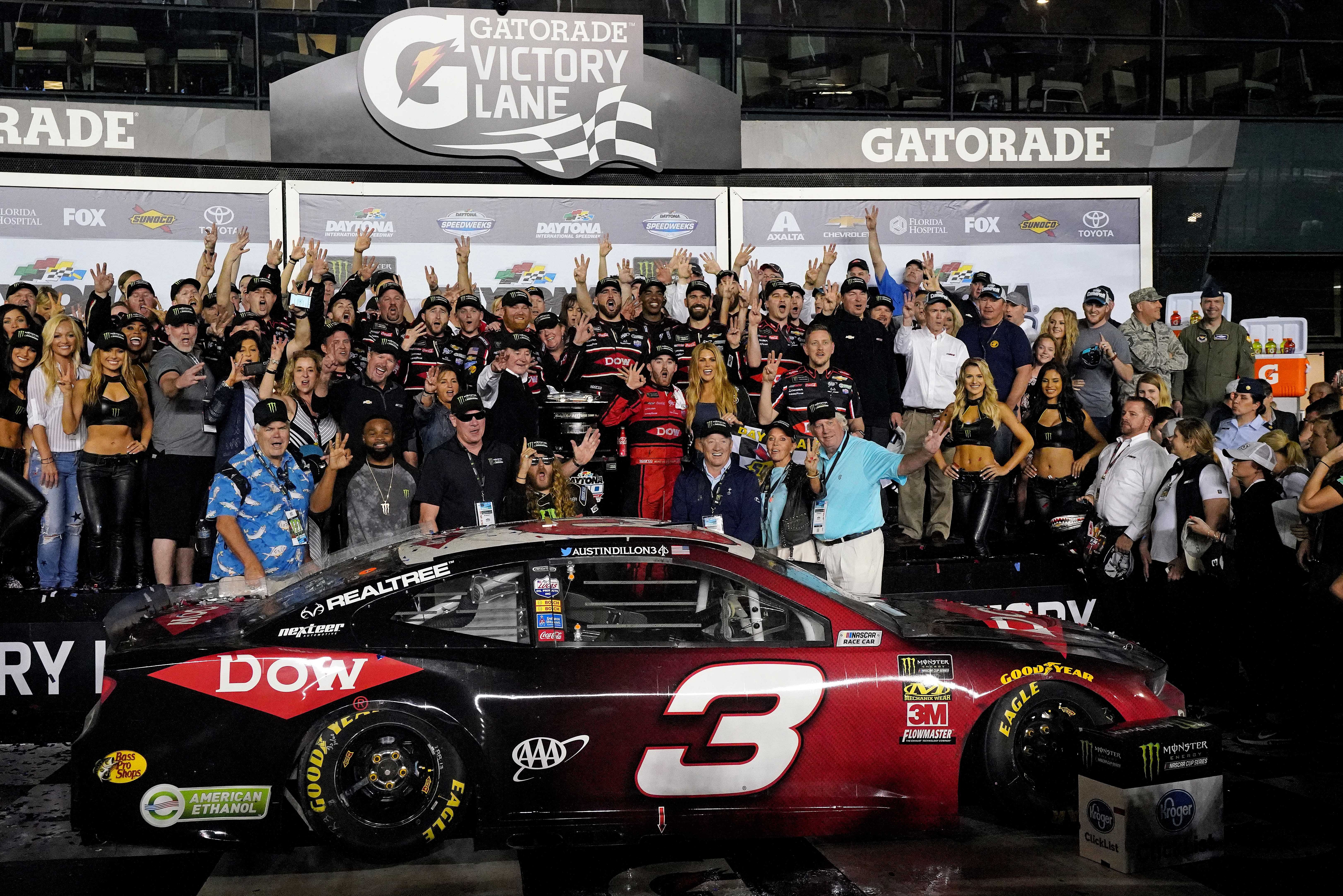 Austin Dillon (3) celebrate in victory lane with his team after winning the Daytona 500 at Daytona International Speedway. Mandatory Credit: Jasen Vinlove-Imagn Images