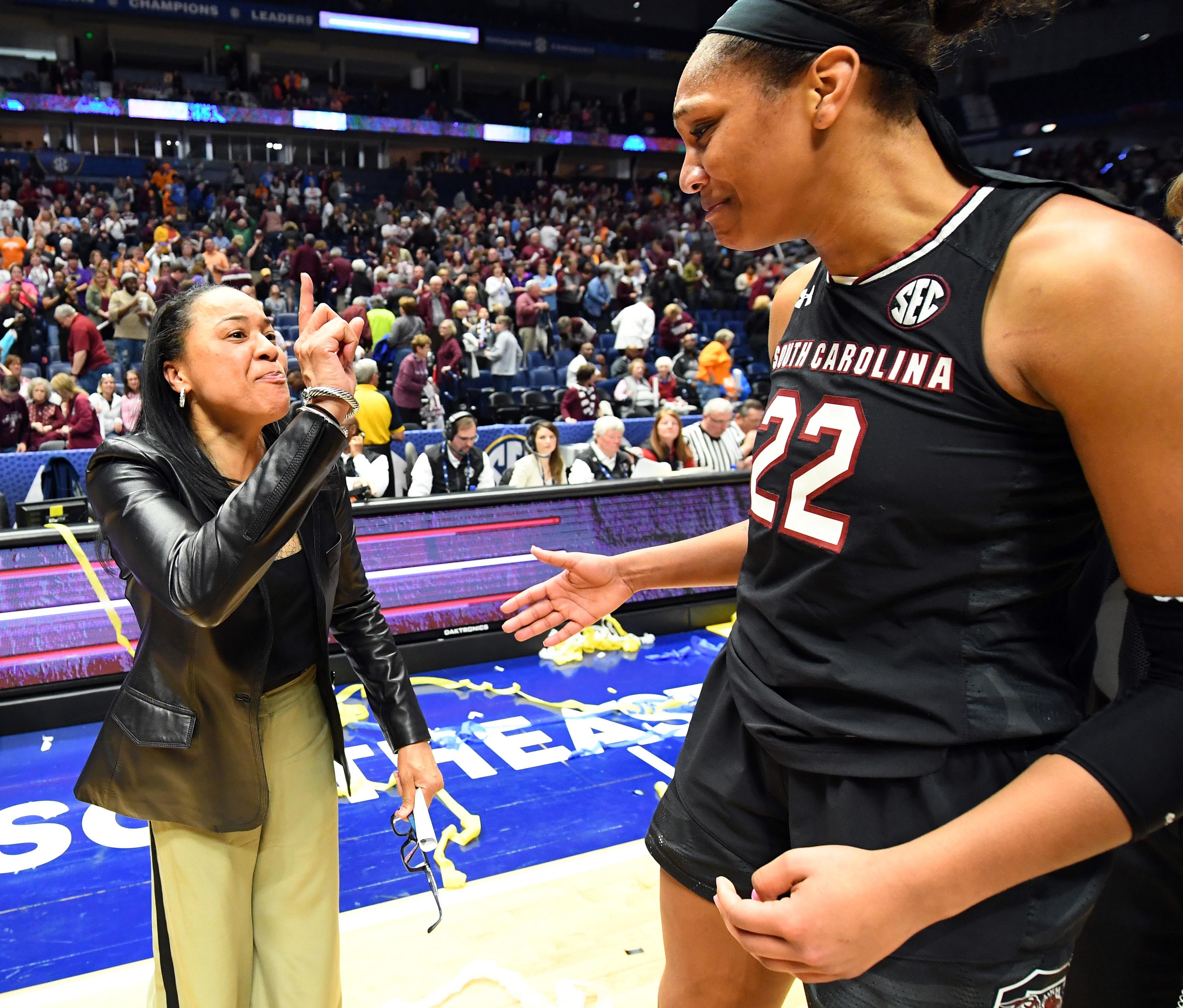 Dawn Staley and A&#039;ja Wilson celebrate NCAA championship win [NCAA Womens Basketball: SEC Conference Tournament-South Carolina vs Mississippi State - Source: Imagn]