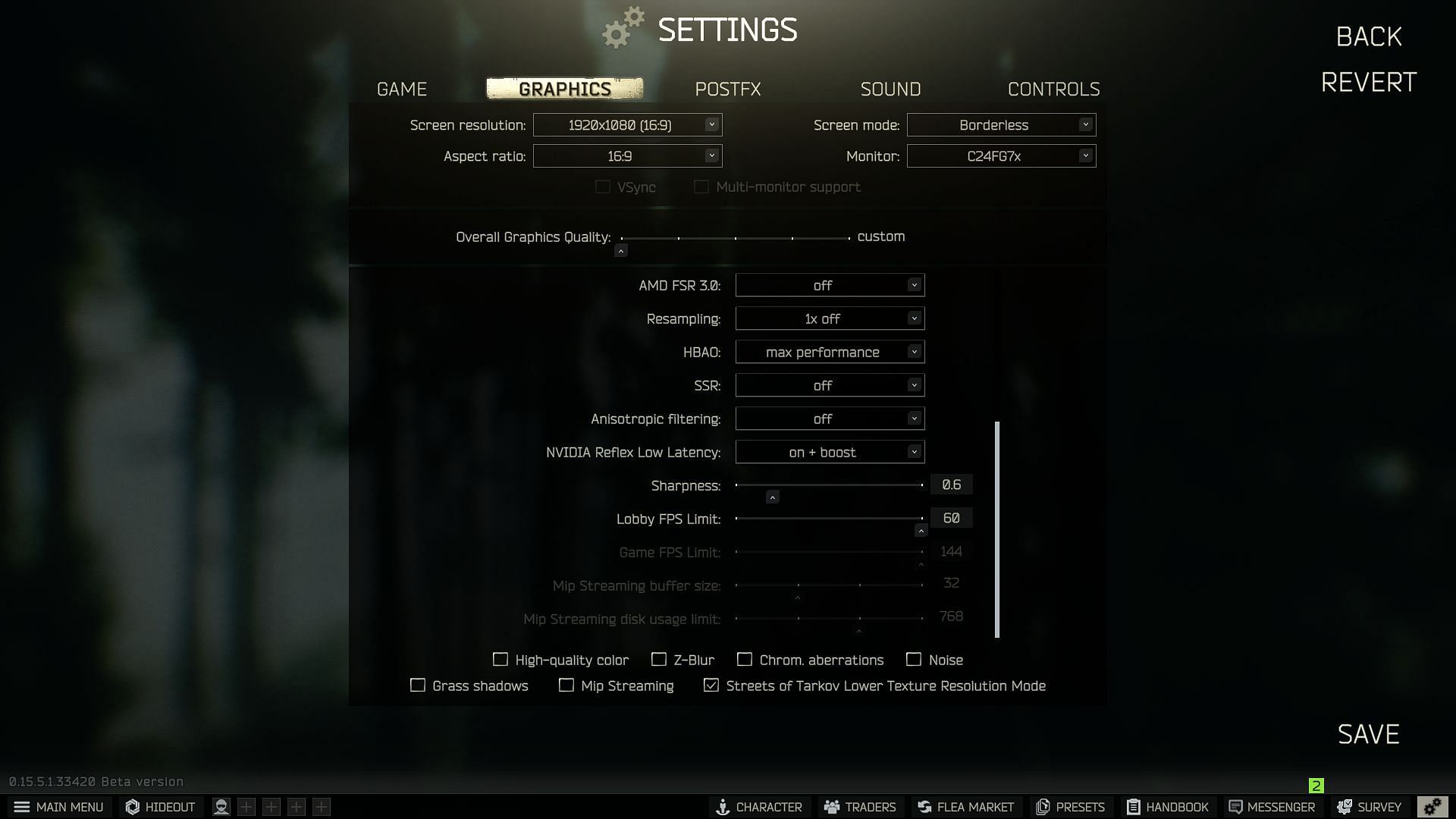 NVIDIA Reflex, Sharpness, and more settings (Image via Battlestate Games)