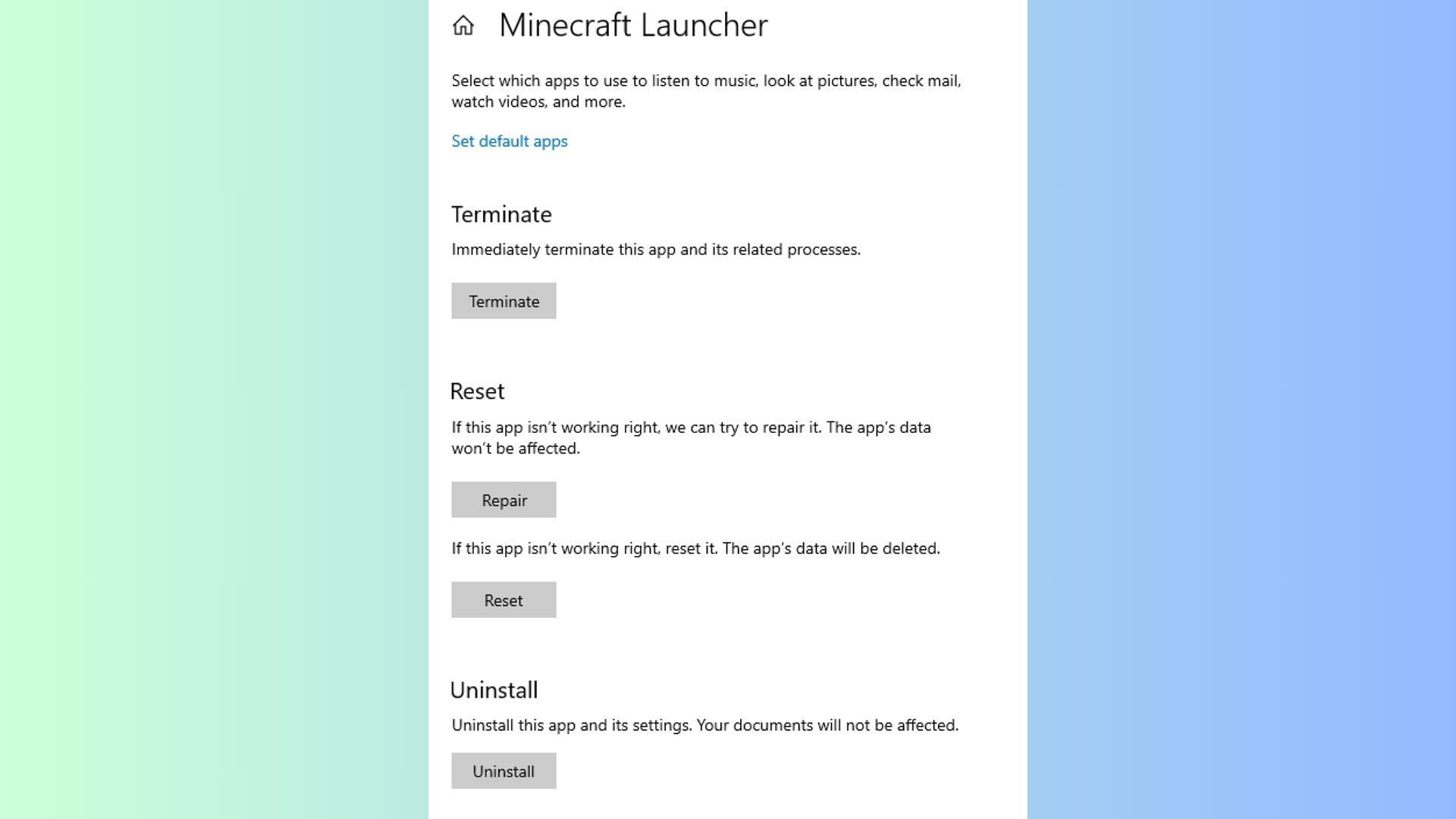 Repair or reset the Minecraft launcher to potentially resolve the issue with Microsoft sign-ins (Image via Microsoft)