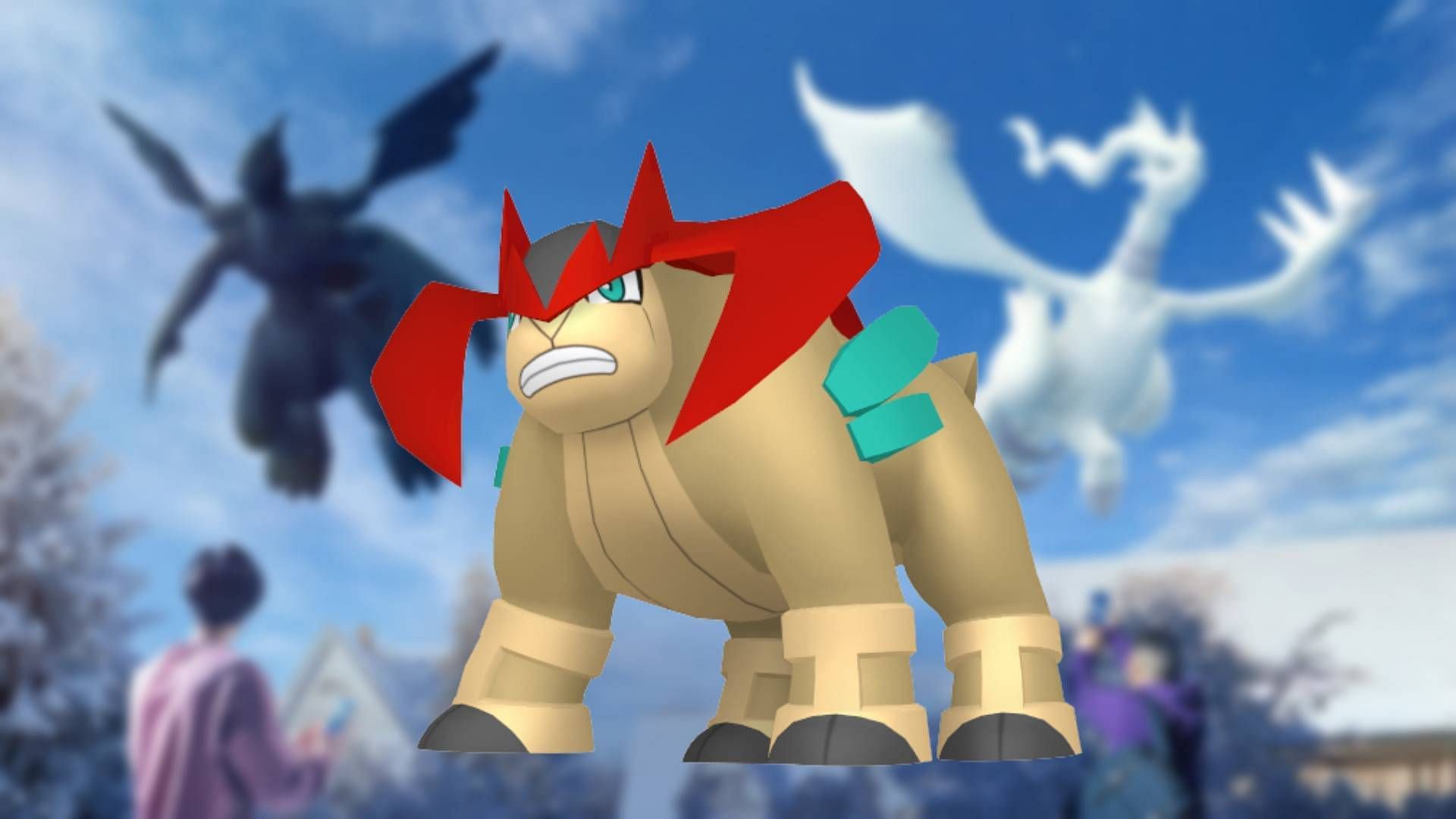 Shiny Terrakion features a more vibrant color pallet with dramatic accents against a beige body (Image via Niantic)