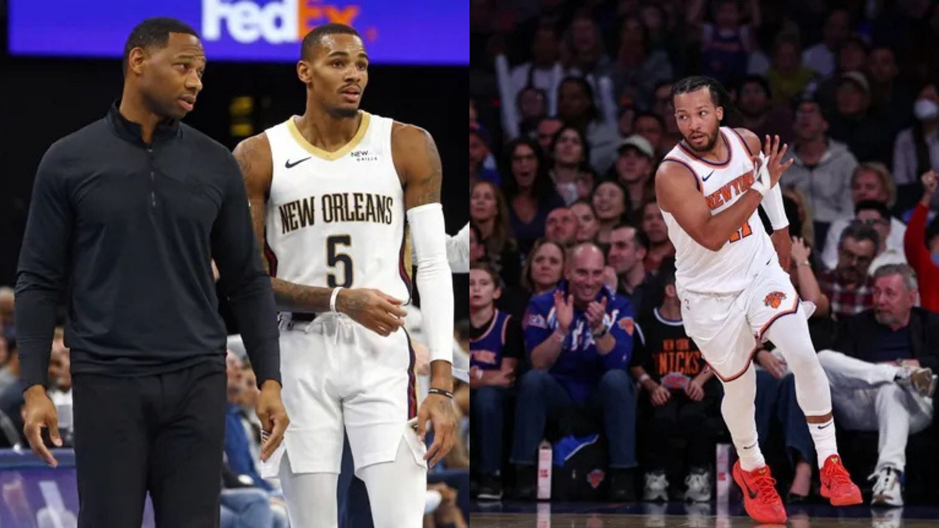 New Orleans Pelicans head coach Willie Green alongside guard Dejounte Murray, New York Knicks guard Jalen Brunson. Photo Credits: Imagn