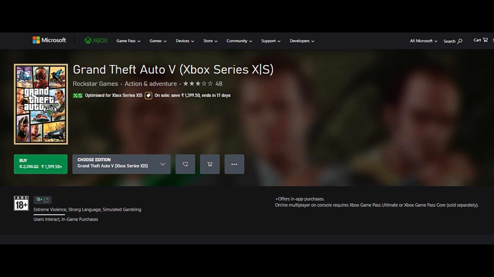 Grand Theft Auto 5&#039;s purchase page mentions that Xbox Game Pass Core or Ultimate is needed for online multiplayer on console (Image via Xbox.com)