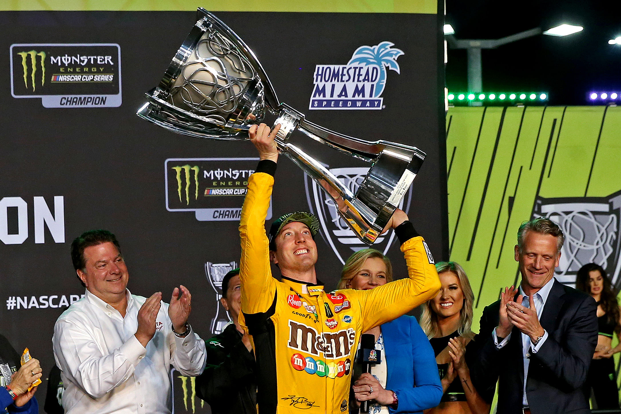 Kyle Busch (18) of Joe Gibbs Racing celebrates after winning the 2019 NASCAR Cup Series Championship - Source: Imagn