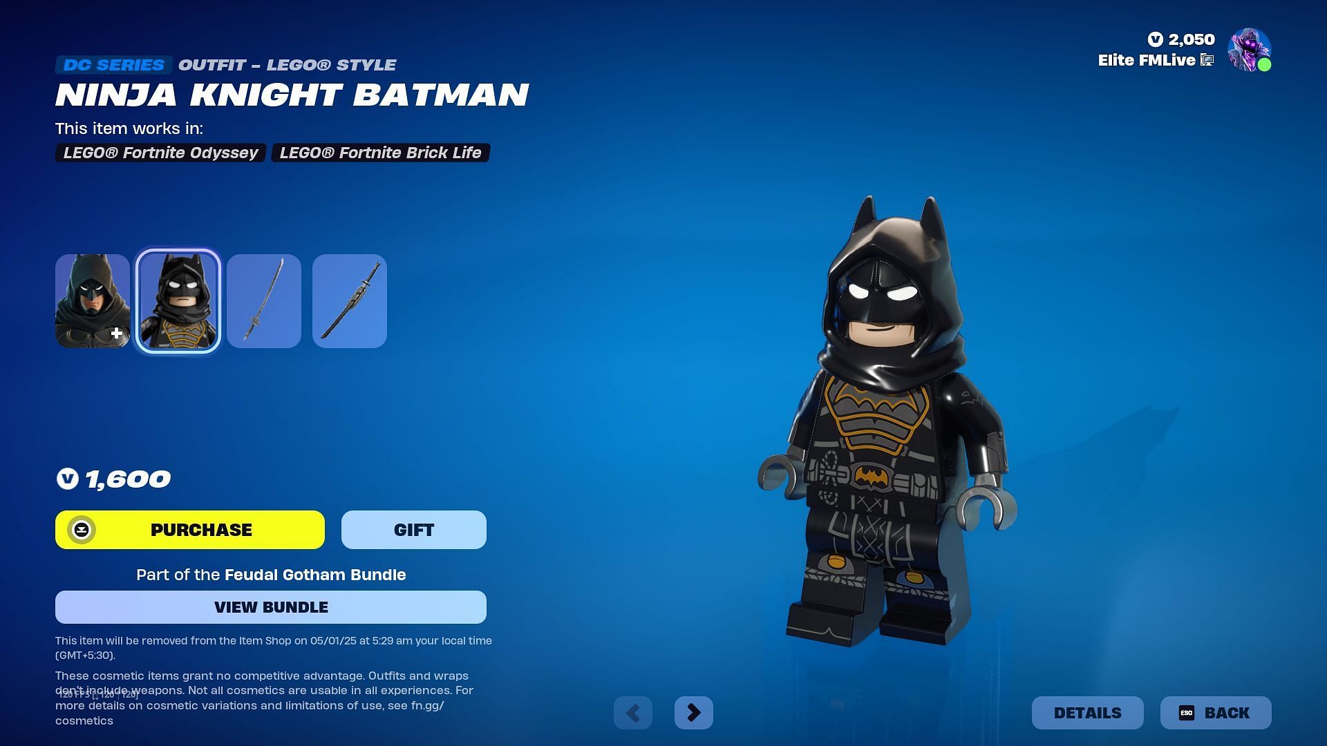 The Ninja Knight Batman and Karuta Harley Quinn skins in Fortnite will remain listed until January 5, 2025 (Image via Epic Games)