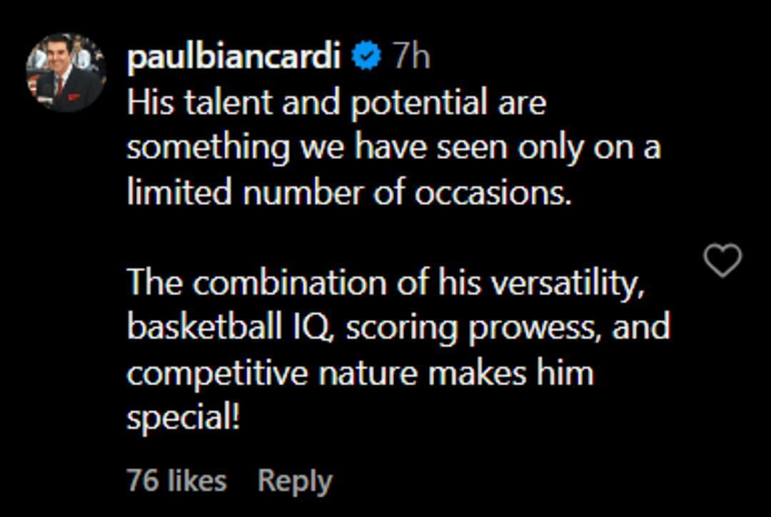 Paul Biancardi comments on AJ Dybantsa&#039;s play (via SportsCenterNext IG)