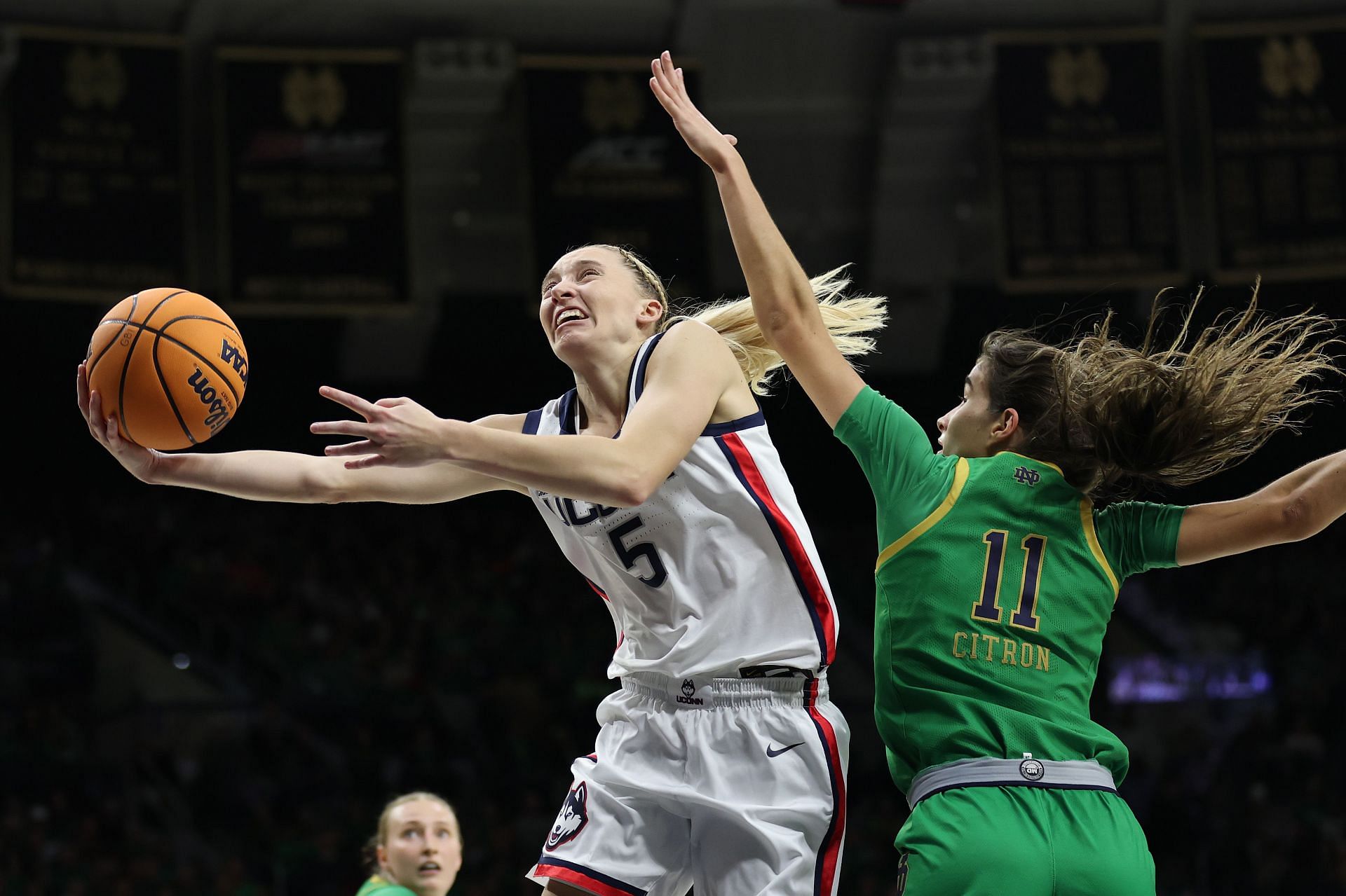 Paige Bueckers (#5) of the UConn Huskies goes up for a layup against Sonia Citron (#11) of the Notre Dame Fighting Irish during the first half at Purcell Pavilion at the Joyce Center. Photo: Getty