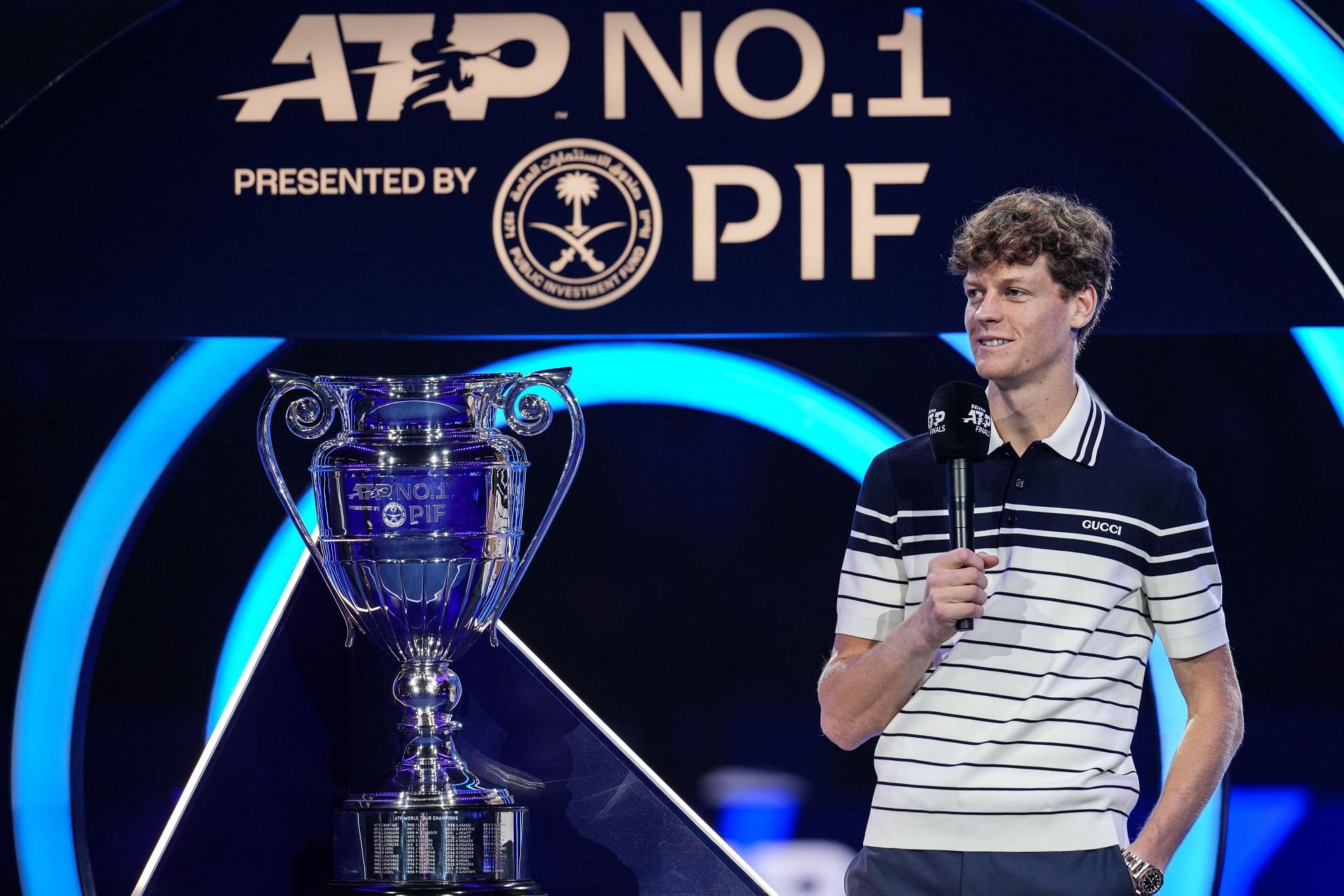 Jannik Sinner pictured with his year-end World No. 1 trophy at the 2024 ATP Finals 2024 - Source: Getty