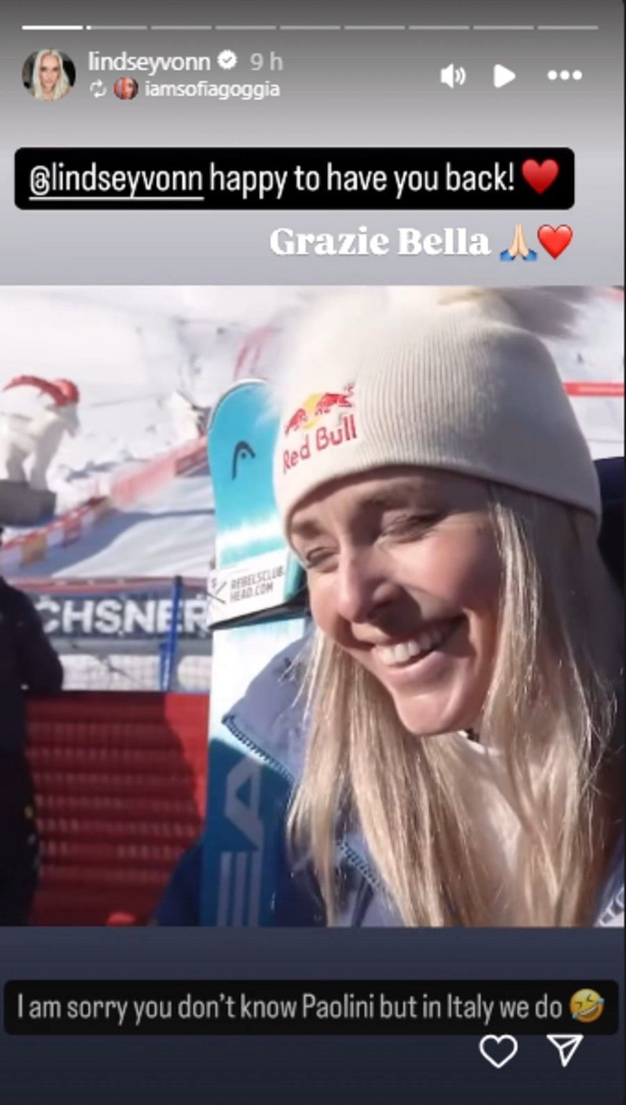 Screenshot of Vonn&#039;s Instagram story.