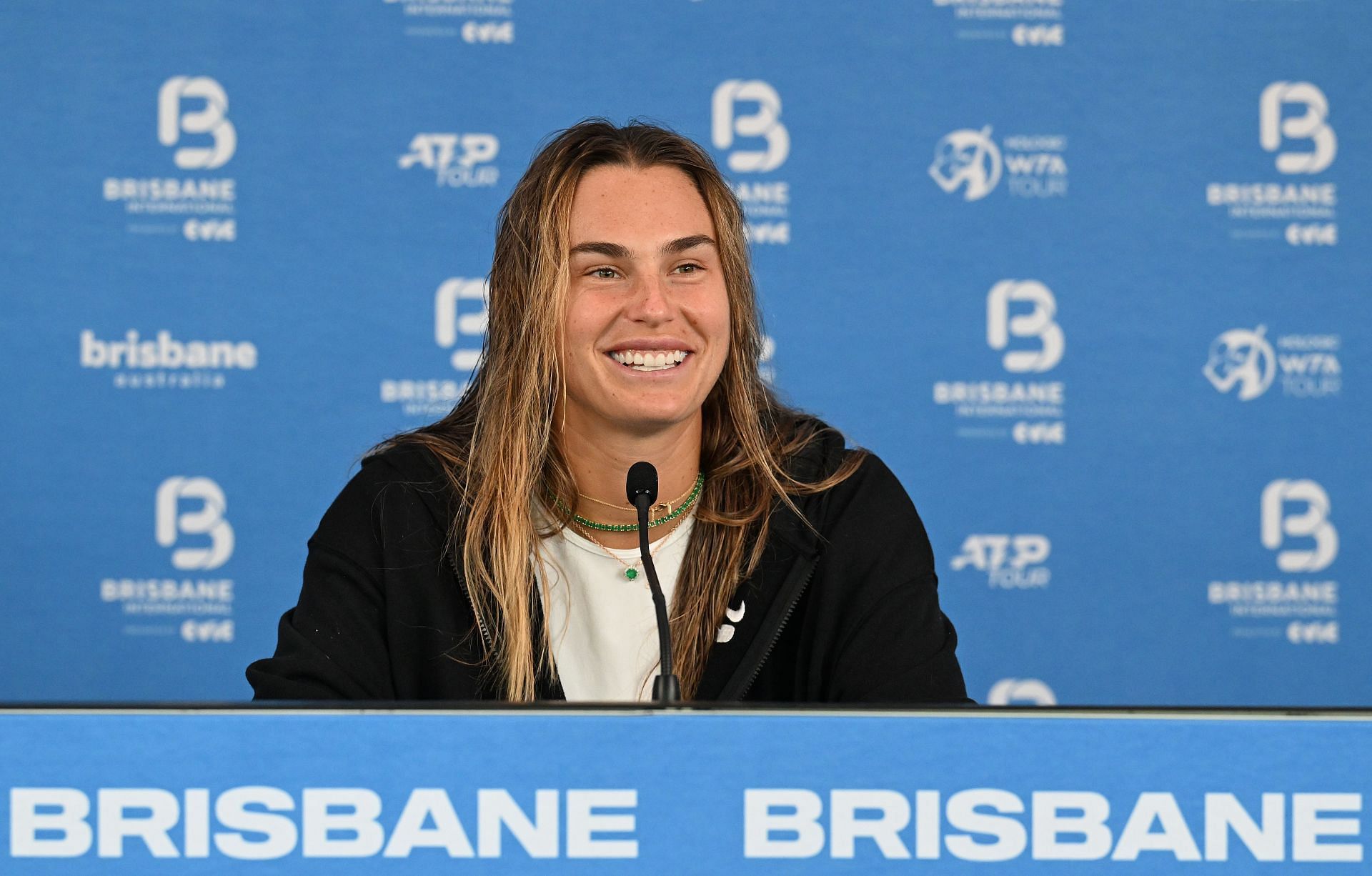 Aryna Sabalenka speaking to the press at the 2025 Brisbane International [Source: Getty]