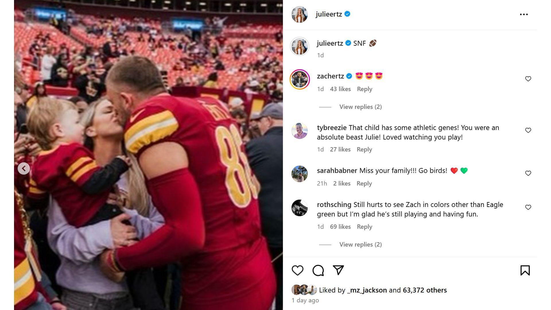 Zach Ertz&#039;s wife Julie Ertz posts memorable moments as Washington Commanders make the playoffs [Credit: IG/@julieertz]