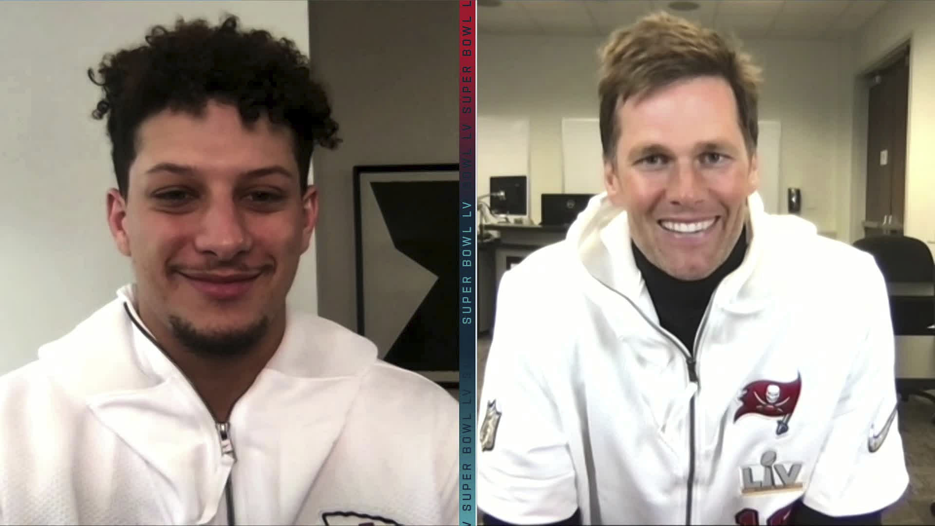 Kansas City Chiefs QB Patrick Mahomes, left, and former Tampa Bay Buccaneers QB Tom Brady in conversation in 2021. (Credits: IMAGN)