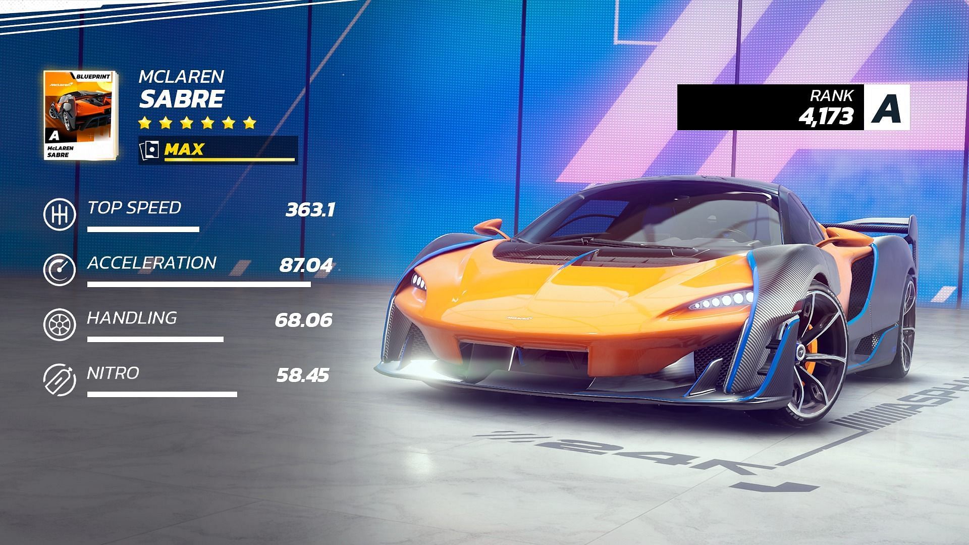 The McLaren Sabre is a Class A Asphalt Unite Festival Fury season car (Image via Gameloft SE)