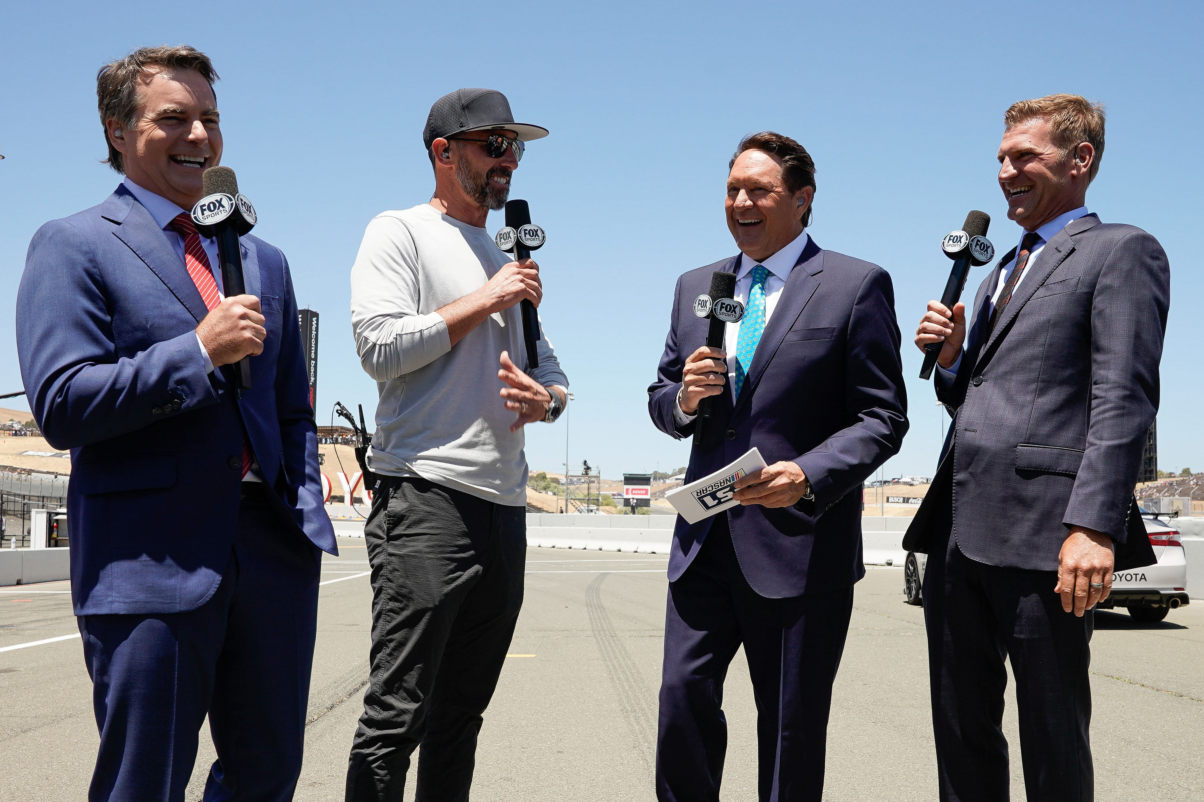 (l to r) Retired professional race car driver Jeff Gordon, San Francisco 49ers head coach Kyle Shanahan, sportscaster Chris Myers, and retired professional race car driver Clint Bowyer - Source: Imagn