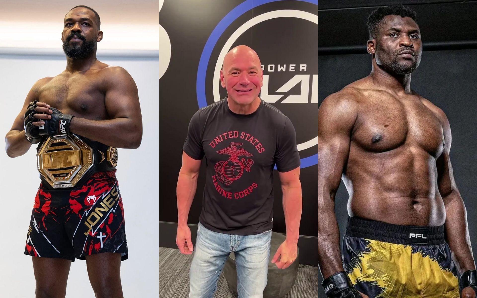 Dana White (center) dismisses a potential fight between Jon Jones (left) and Francis Ngannou (right). [Images courtesy: @ufceurope, @francisngannou  and @danawhite on Instagram]