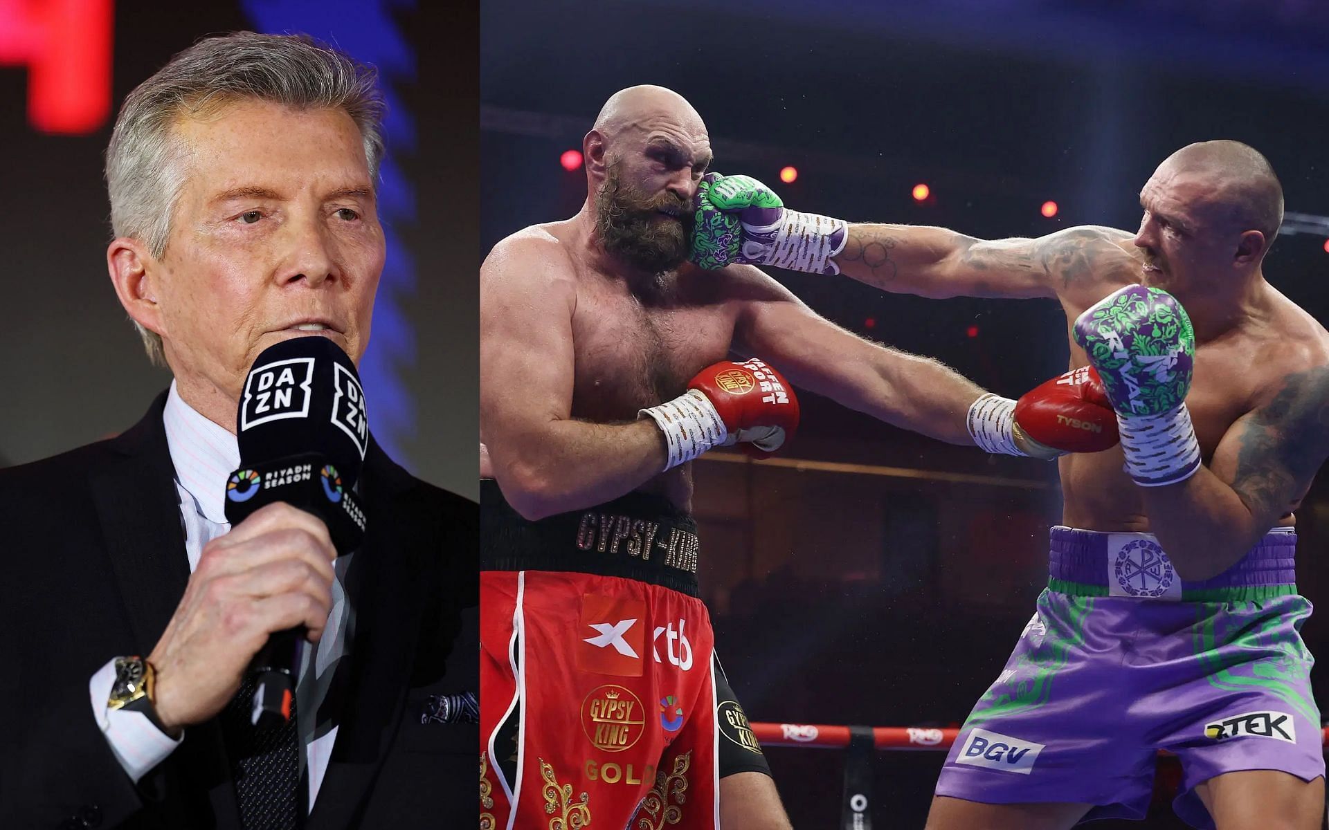 Michael Buffer (left) disagrees with scorecard for Oleksandr Usyk vs. Tyson Fury 2 (right) [Images courtesy: Getty Images]