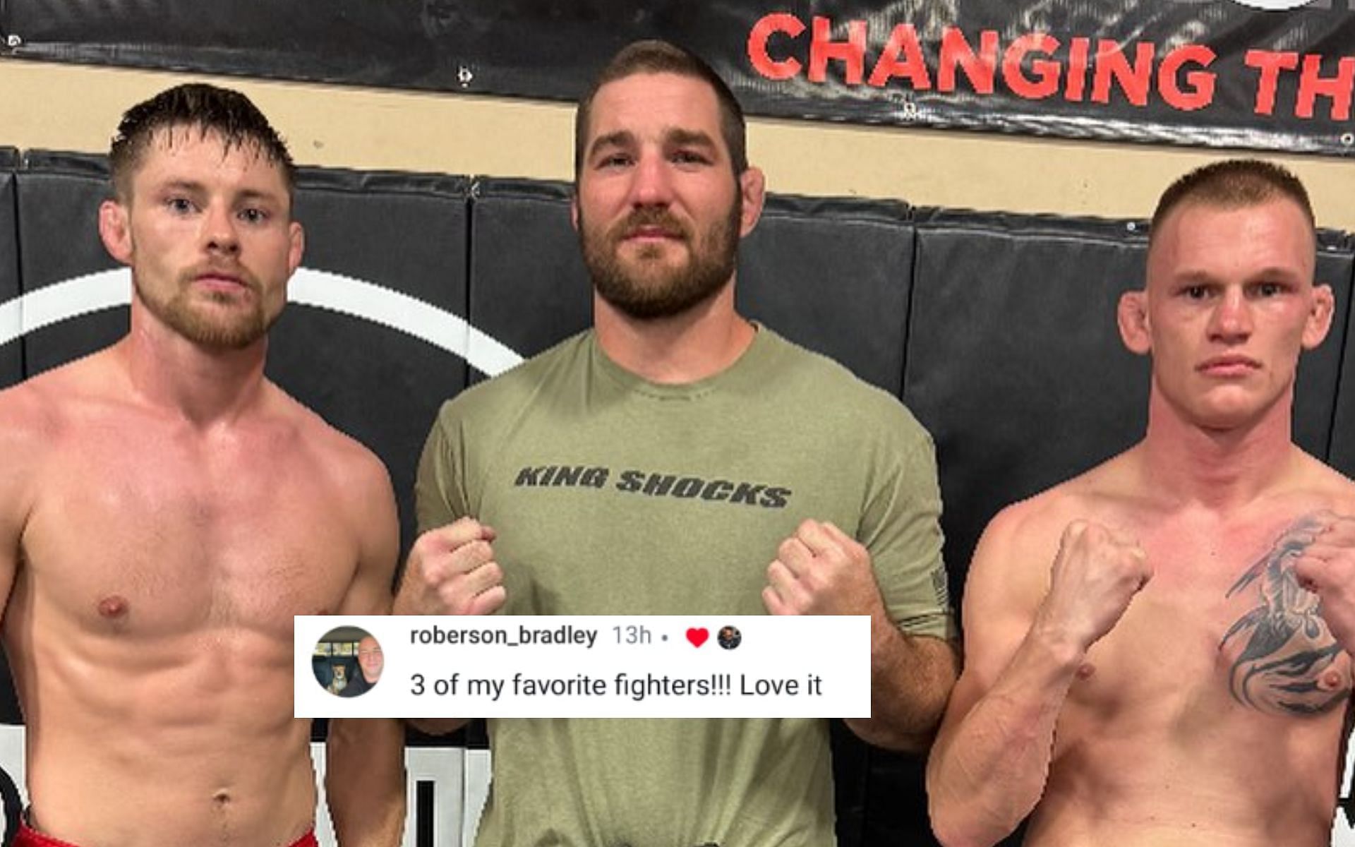 Fans react as Sean Strickland (middle) poses with Bryce Mitchell (left) and AJ Cunningham (right). [Image courtesy: @thugnasty_ufc on Instagram]