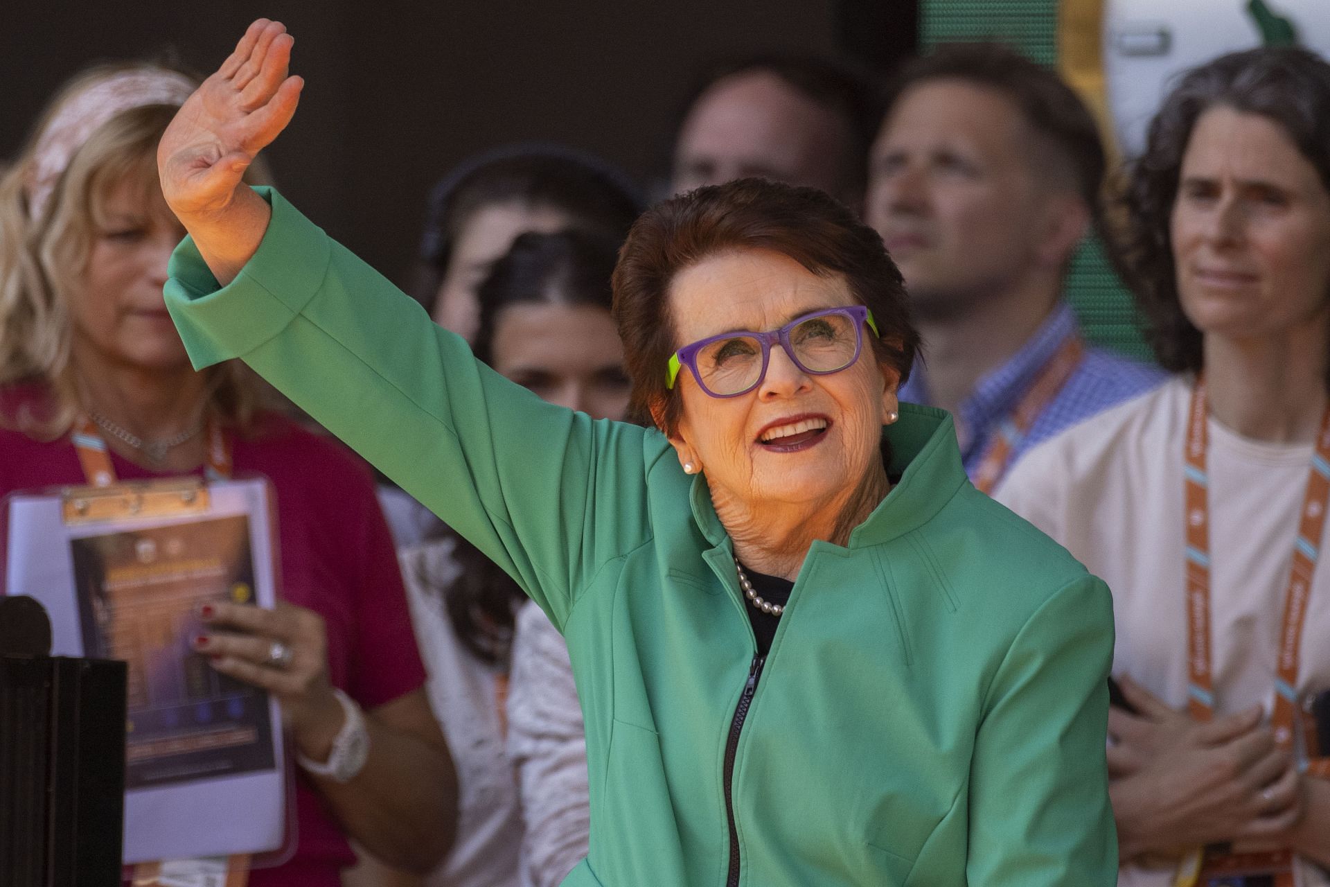 French Open Tennis. Roland-Garros 2022. - Billie Jean King waves to the crowd (Source: Getty)