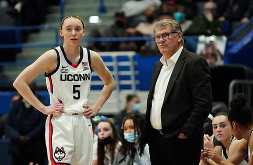 UConn Huskies head coach Geno Auriemma talks with guard Paige Bueckers (#5) from the sideline as they take on the St. John's Red Storm in the second half at XL Center. Photo: Imagn