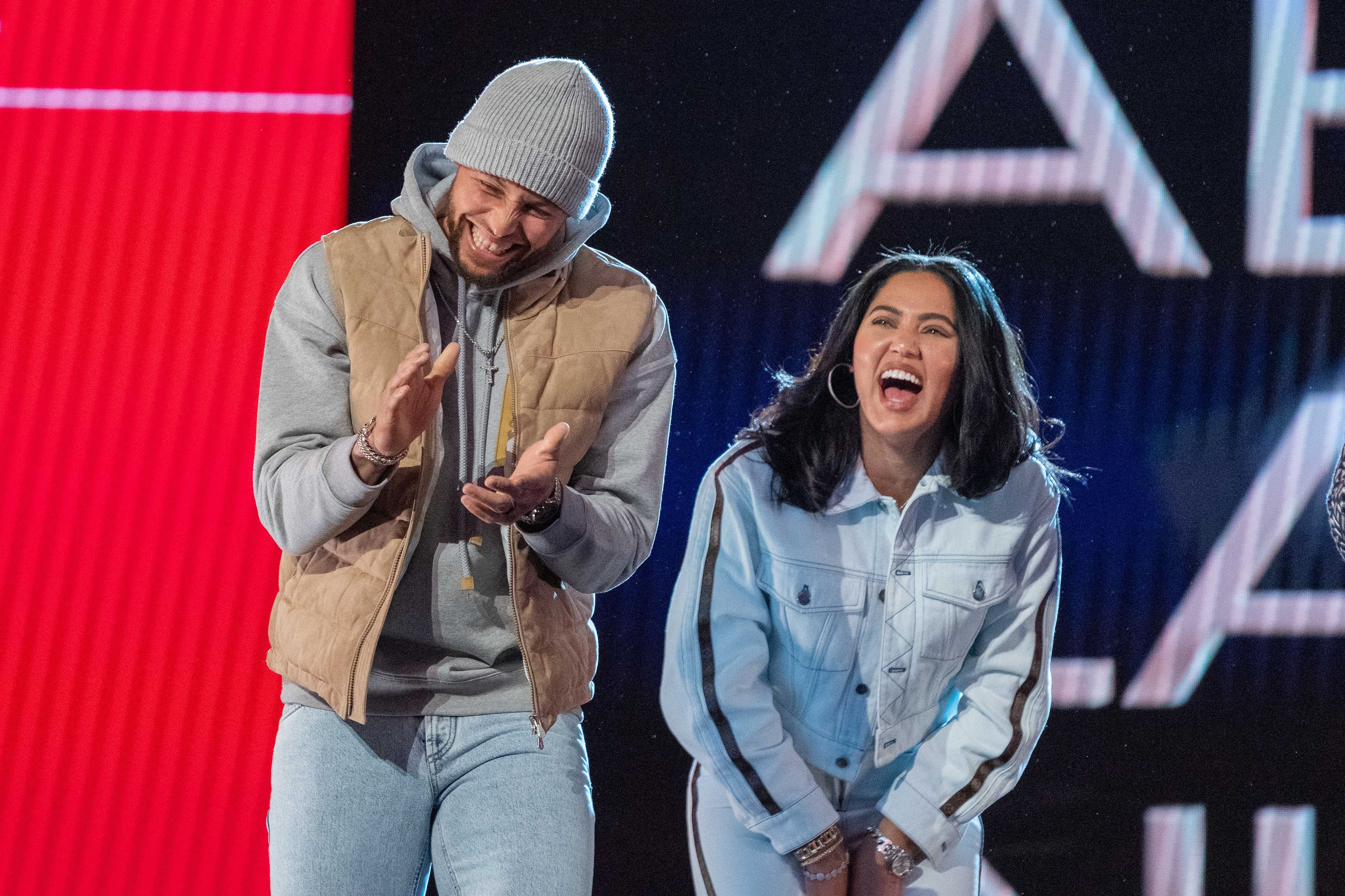 Golden State Warriors guard Stephen Curry and wife Ayesha Curry during the 2022 NBA All-Star Saturday Night at Rocket Mortgage Field House. Photo Credit: Imagn