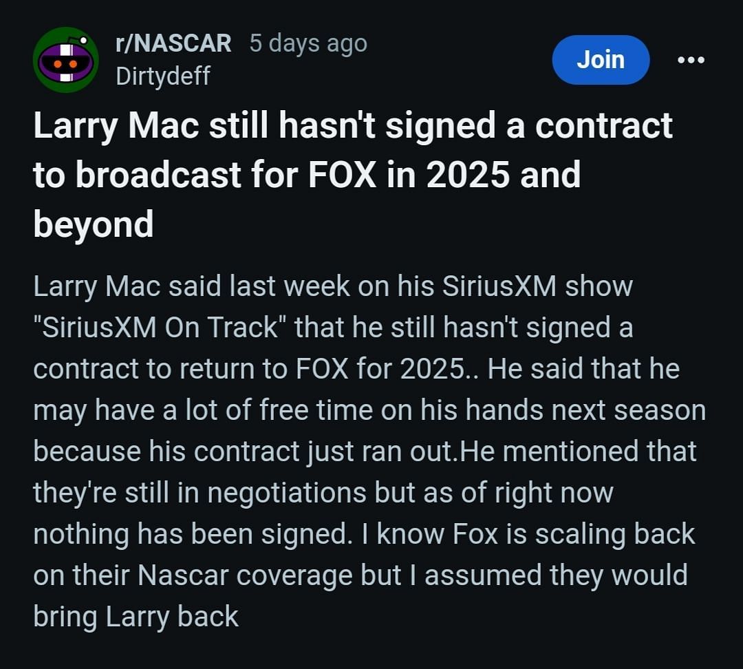 Post speculating McReynolds&#039; future - Source: u/Dirtydeff on r/Nascar (Reddit)