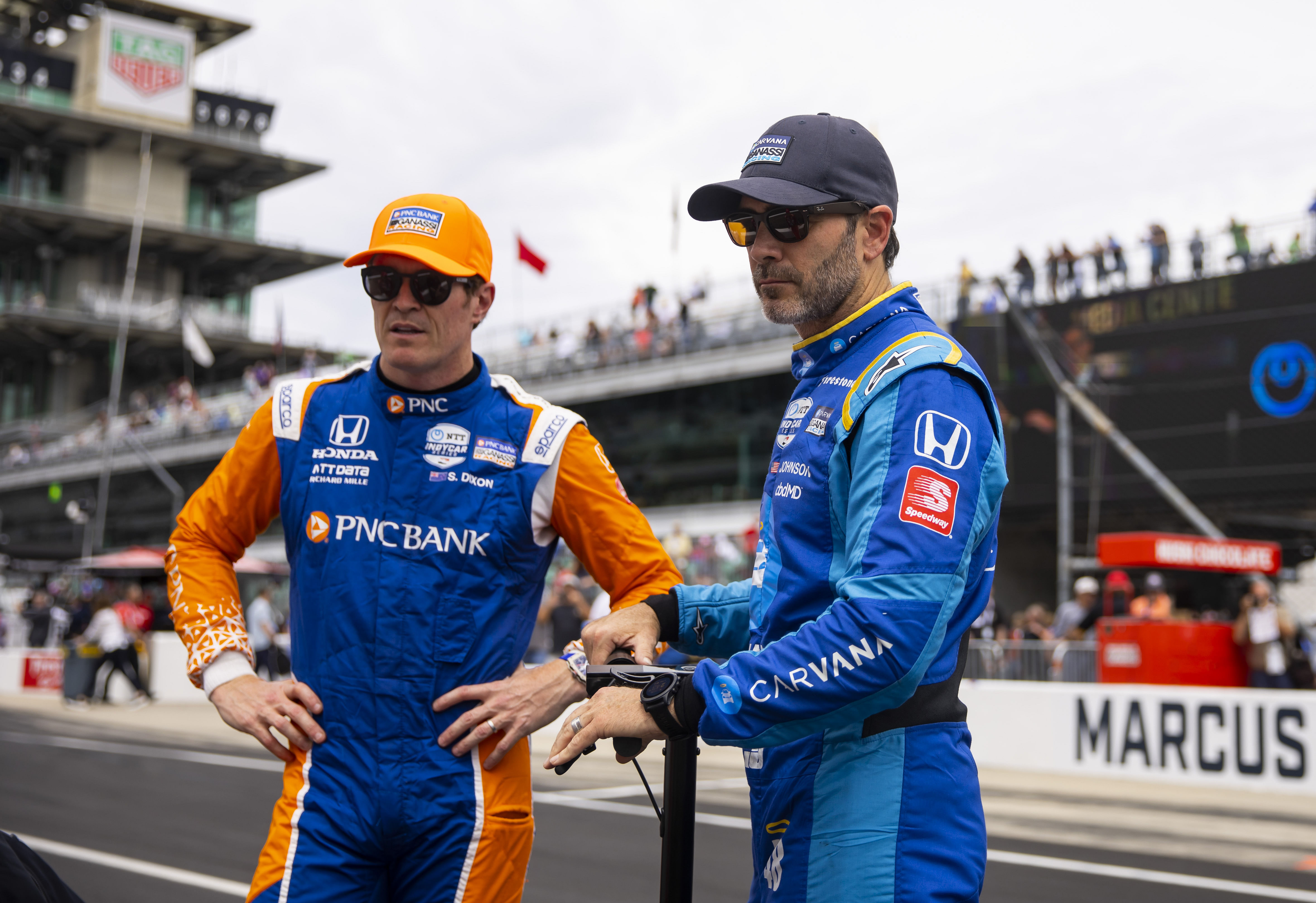 Scott Dixon (left) and Jimmie Johnson (right) during the practice session for the 2022 Indy 500 - Source: Imagn