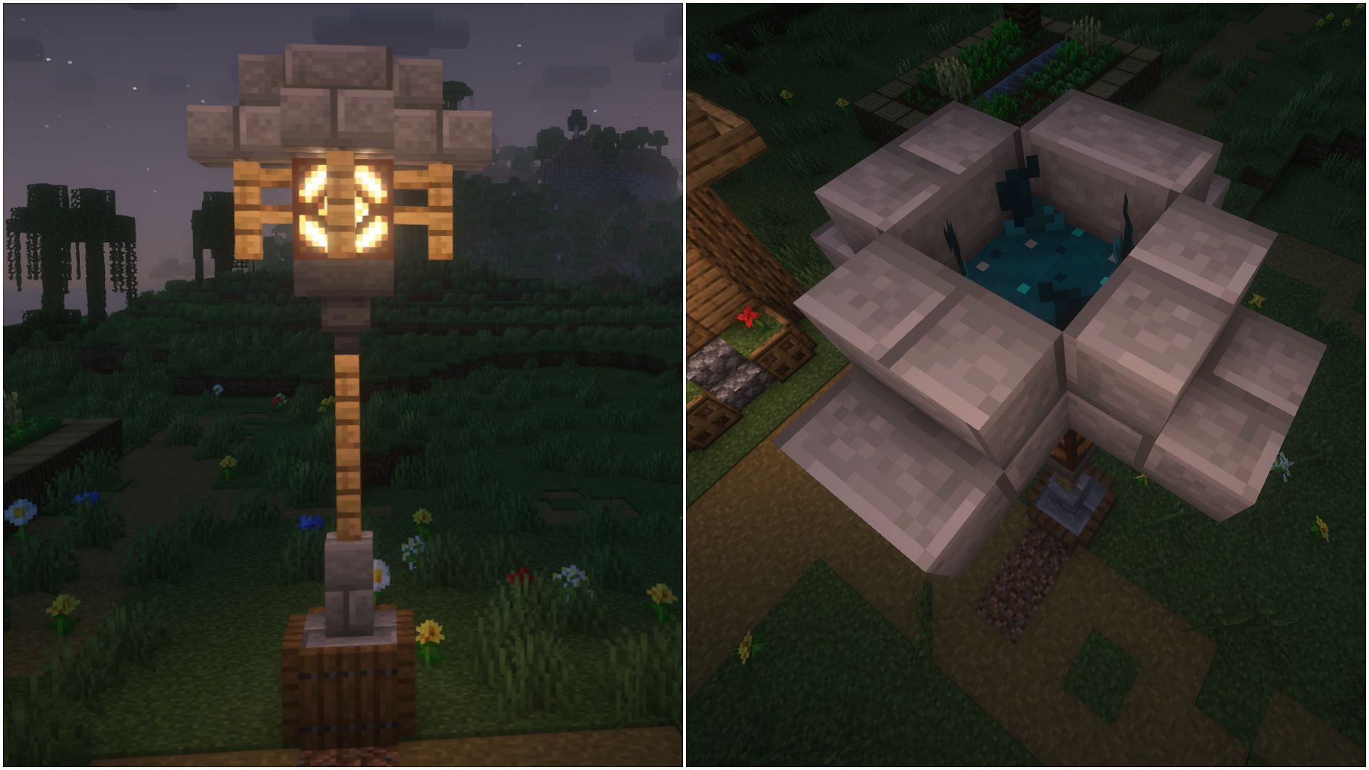 Redstone lamps can be paired with a sculk sensor to create noise-activated lamp posts. (Image via Mojang Studios)