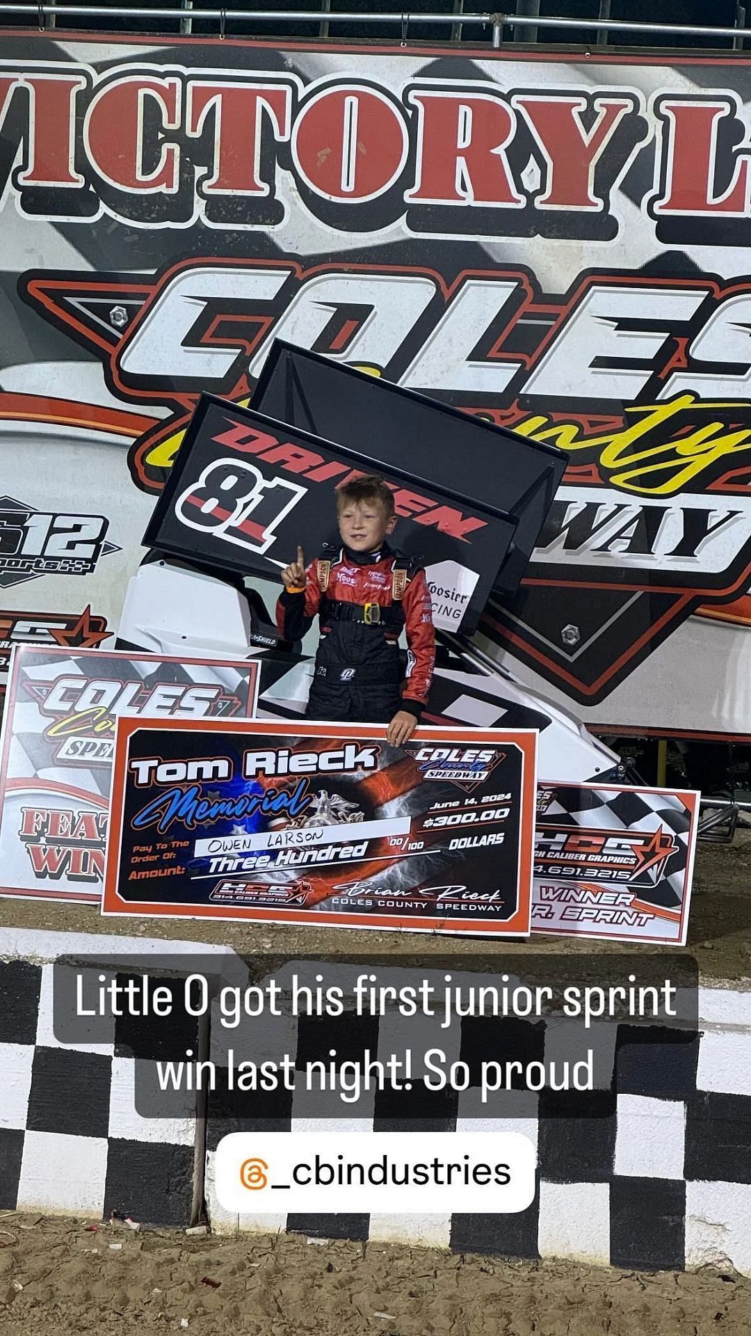 Kyle Larson&#039;s story of Owen&#039;s first junior sprint win - Source: @kylelarsonracin on Instagram