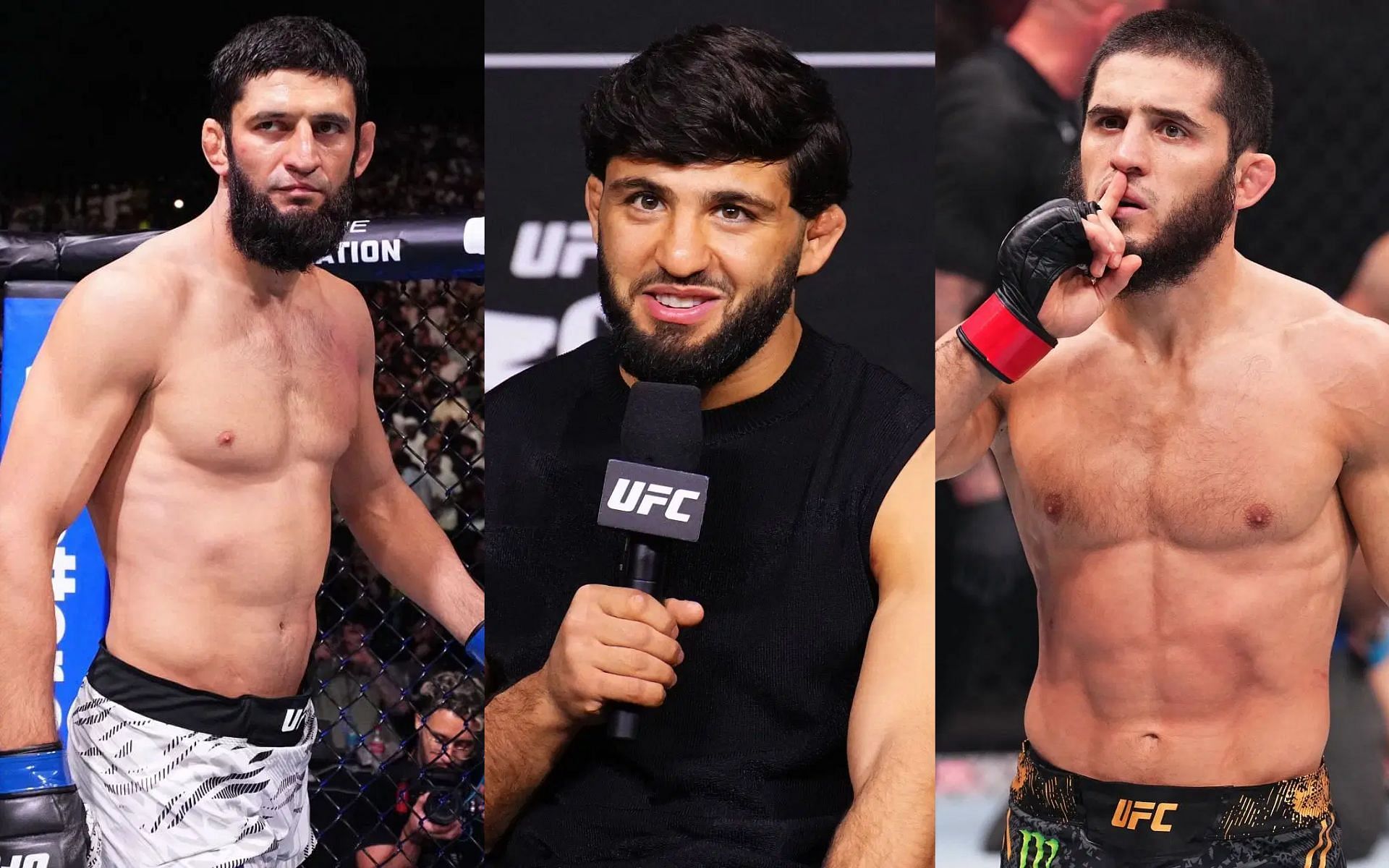 Arman Tsarukyan (middle) picks harder matchup between grappling Khamzat Chimaev (left) and fighting Islam Makhachev (right) [Images courtesy: Getty Images]