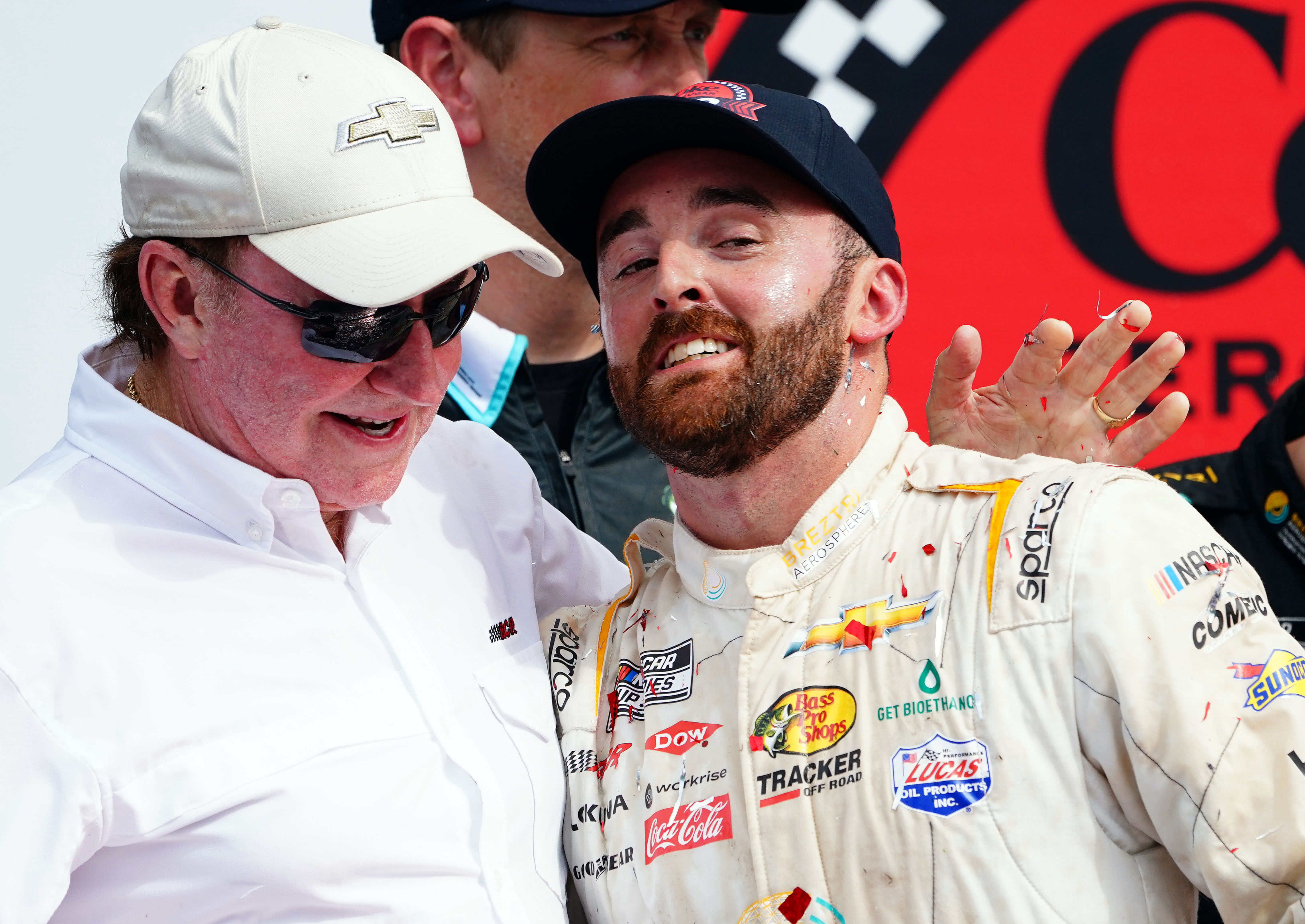 Austin Dillon celebrated the 2022 Coke Zero Sugar 400 win with team owner and grandfather Richard Childress - Source: Imagn